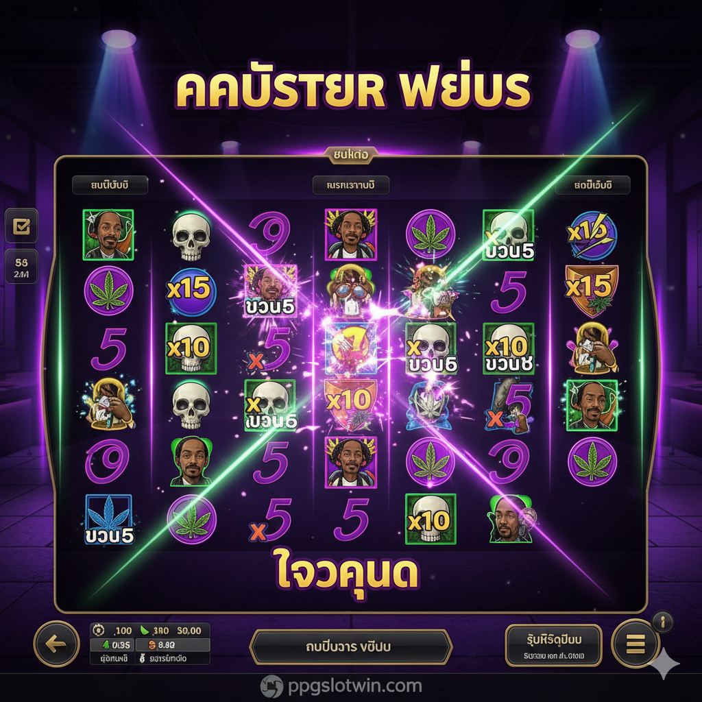 一张引人注目の封面图，突出Snoop Dogg Dollars Slot的主题。画面应采用浓郁的West Coast G-Funk风格，主色调为深紫色和金色。画面中央是Snoop Dogg的卡通化หรือ时尚剪影形象，背景是充满奢华感的赌场元素，如金链、现金、复古汽车轮毂和游戏Logo。突出展示RTP 97.00%的数字，并包含ppgslotwin.com的小Logoหรือ水印在角落，表明可以在该网站上玩。整体构图充满动感和嘻哈魅力，必须能立刻抓住用户的眼球。