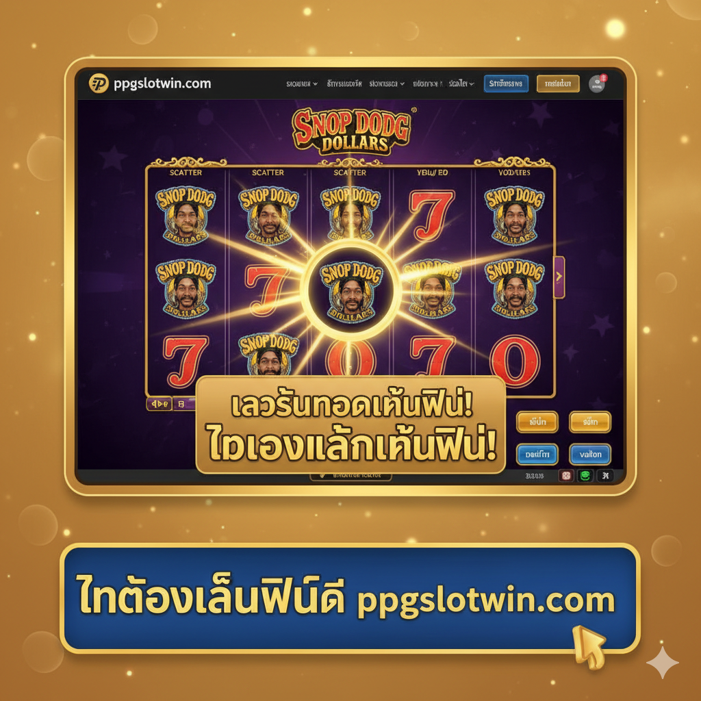 一张教程指导图，指导用户如何进入Free Spins模式并强调'ทดลองเล่นฟรี'（免费试玩）。画面主体应是老虎机界面，但聚焦于Scatter符号（应为Snoop Dogg Dollars的Logo或特定的Scatter图标）出现的情景，用箭头或光束指示Scatter符号如何激活Free Spins。背景是ppgslotwin的虚拟界面，暗示用户可以直接在目标站点操作。下方小字或卡片强调'ทดลองเล่นฟรีที่ ppgslotwin.com'，提供清晰的行动指ึด。