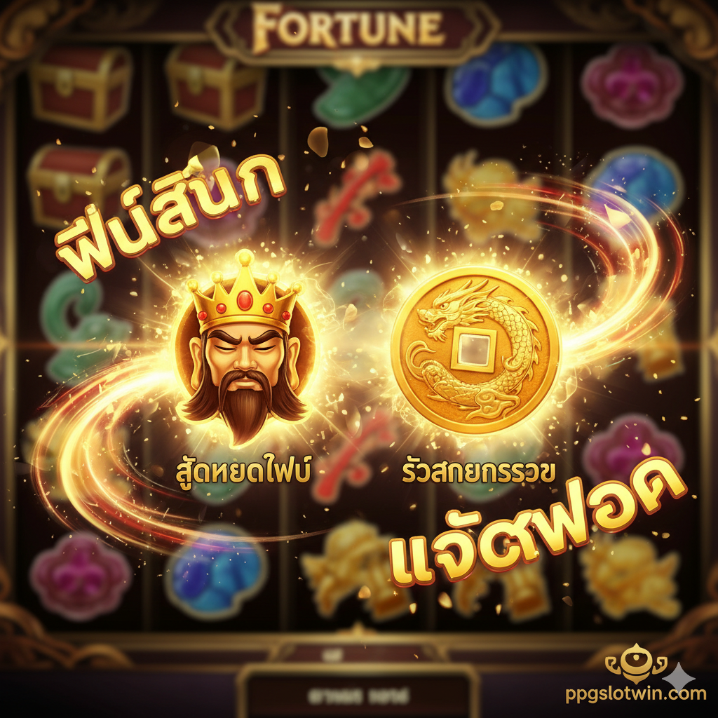 แสดงเกมหลักฟีเจอร์และสัญลักษณ์ของ Fortune King Slot Machine โดยเน้นที่ Wild (จักรพรรดิ/กษัตริย์) และ Scatter (เหรียญทอง) พร้อมเอฟเฟกต์ Free Spins และ Jackpot 3D