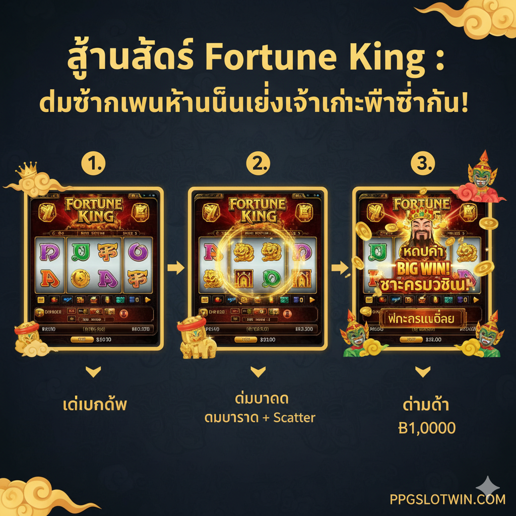 แผนภาพขั้นตอนการเดิมพันสล็อต Fortune King Slot Machine แบบขั้นบันได (ต่ำ-กลาง-สูง) เพื่อเพิ่มโอกาสในการได้ Jackpot และ Free Spins พร้อมตัวอย่างหน้าจอเกมที่แสดง Low Bet, Scatter และ Big Win