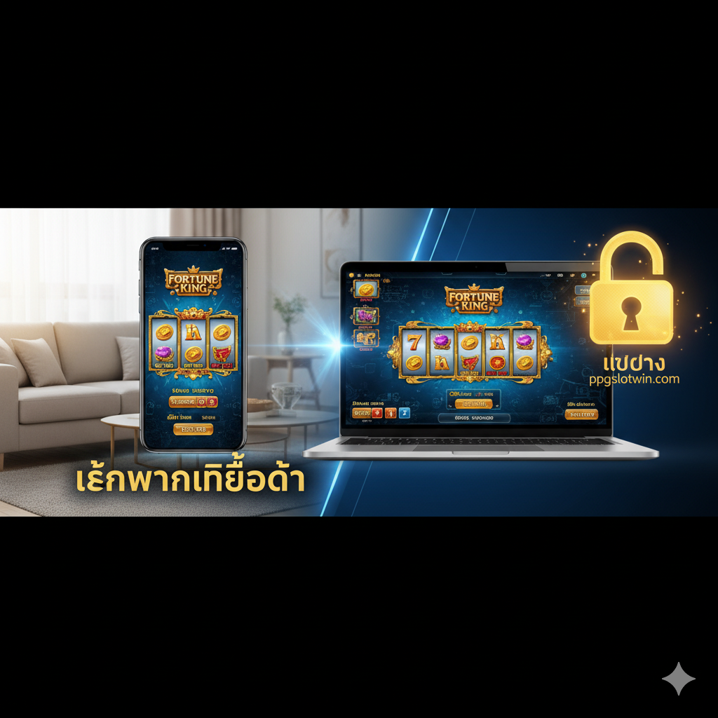 ภาพแสดงความเข้ากันได้ของ Fortune King Slot Machine บน ppgslotwin.com โดยแสดงหน้าจอเกมบนสมาร์ทโฟนและแล็ปท็อป พร้อมเน้นความปลอดภัยของเว็บตรง
