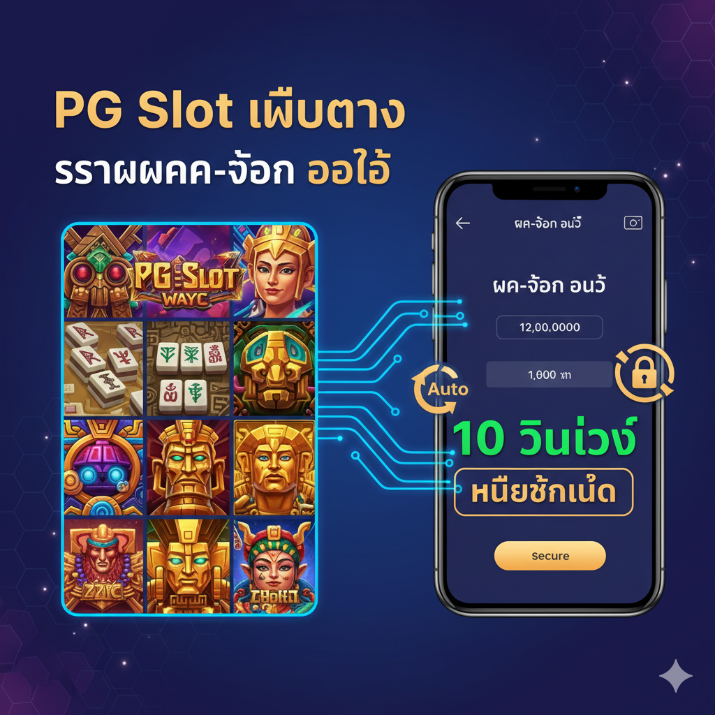 ภาพเน้นคุณสมบัติหลักสองอย่างคือ 'PG Slot เว็บตรง' และ 'ระบบฝาก-ถอน ออโต้' ด้านซ้ายแสดงภาพกราฟิกของเกม PG Slot ยอดนิยม เช่น Mahjong Ways หรือ Treasures of Aztec ในสไตล์ที่คมชัดและมีชีวิตชีวา ด้านขวาแสดงหน้าจอโทรศัพท์มือถือที่กำลังแสดงอินเทอร์เฟซการทำรายการ 'ฝาก-ถอน ออโต้' ที่มีตัวเลขการทำธุรกรรมและคำว่า '10 วินาที' หรือ 'ไม่มีขั้นต่ำ' เน้นด้วยสีเขียวและสีทอง มีสัญลักษณ์ลูกศรหมุนวน (Auto) และกุญแจ (Secure) เพื่อสื่อถึงความรวดเร็วและปลอดภัยของระบบ องค์ประกอบทั้งหมดเชื่อมโยงกันด้วยเส้นสายดิจิทัลสีน้ำเงินสว่าง