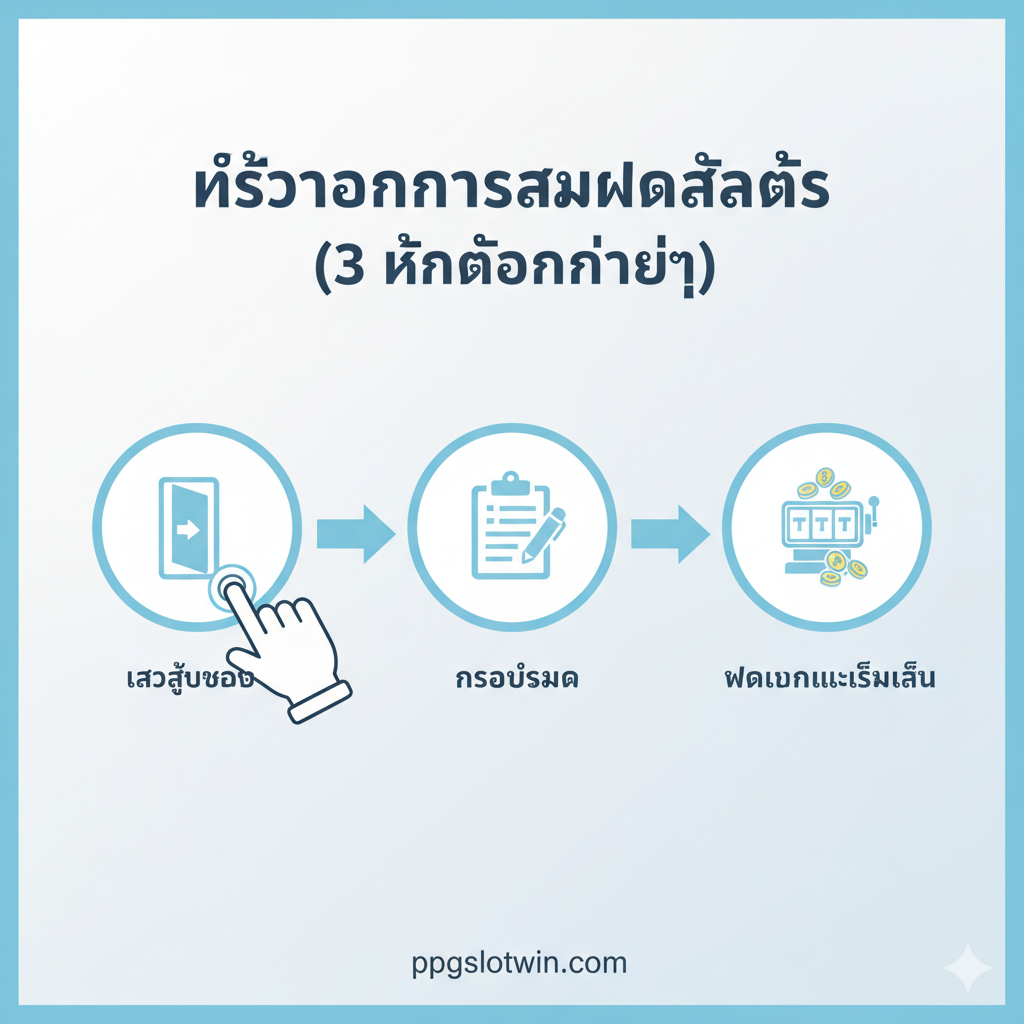 ภาพนี้ออกแบบเป็นแผนภาพแสดง 'ขั้นตอนการสมัครสล็อต (3 ขั้นตอนง่ายๆ)' ในสไตล์ Infographic ที่สะอาดตาและเข้าใจง่าย ใช้โทนสีฟ้าอ่อนและขาว มีไอคอนที่สื่อความหมายในแต่ละขั้นตอน: 1. ไอคอนประตู/ทางเข้า พร้อมข้อความ 'เข้าสู่ระบบ', 2. ไอคอนแบบฟอร์ม/ปากกา พร้อมข้อความ 'กรอกข้อมูล', 3. ไอคอนเหรียญ/เครื่องสล็อต พร้อมข้อความ 'ฝากเงินและเริ่มเล่น' แต่ละขั้นตอนมีลูกศรขนาดใหญ่เชื่อมโยงกันอย่างชัดเจน มีภาพมือที่กำลังแตะหน้าจอสมาร์ทโฟนเพื่อเพิ่มความรู้สึกว่าสามารถทำได้ง่ายๆ ด้วยตัวเอง