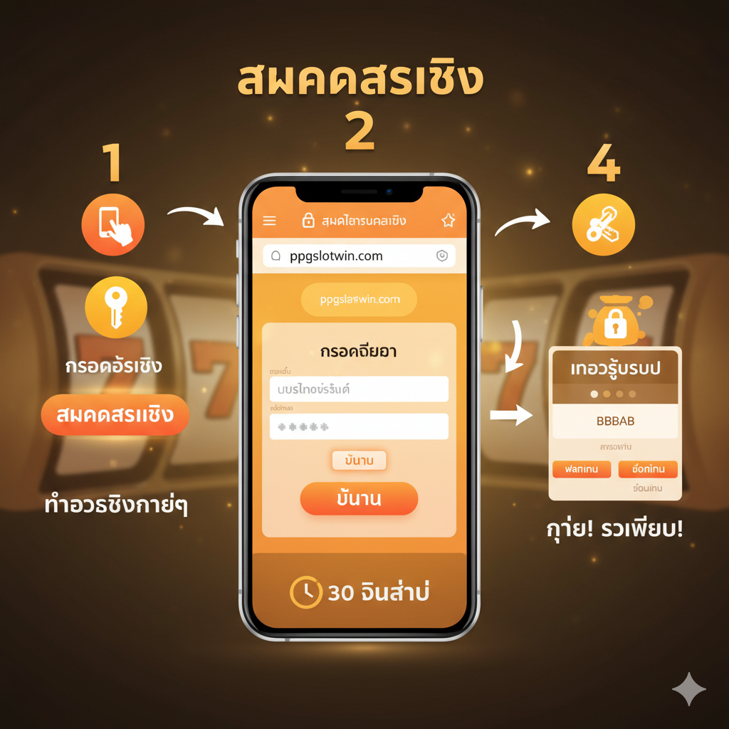 一张用于“สมัครสมาชิก” (注册会员) 和 “เข้าสู่ระบบ” (登录) 流程的教程图。画面采用清晰的流程图或步骤分解图风格，使用数字 1, 2, 3, 4 来引导用户完成สมัครและเข้าสู่ระบบ的简单步骤。主体应是一个手机屏幕，展示关键的按钮如“สมัครสมาชิก”和“เข้าสู่ระบบ”。色彩应使用暖色调如橙色และ黄色来吸引注意力，并配以简洁的图标，例如มือถือ (手机)、กุญแจ (钥匙/密码)、เงิน (金钱/完成)，强调ง่าย (简单) และ รวดเร็ว (快速)，对应“30 วินาที”的宣传。