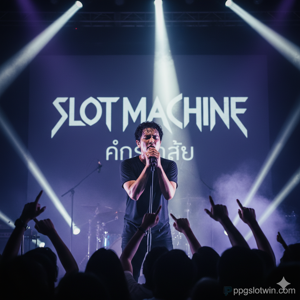 ภาพถ่ายคอนเสิร์ตที่เต็มไปด้วยพลังของวงร็อกสัญชาติไทย Slot Machine โดยเน้นไปที่นักร้องนำกำลังร้องเพลงด้วยความรู้สึกที่เข้มข้น แสงไฟบนเวทีเป็นโทนสีมืดหม่นและมีอารมณ์ (สีน้ำเงินเข้ม สีม่วง) ตัดกับสปอตไลท์สีขาวสว่างจ้าที่ส่องมาที่ตัวนักร้อง การจัดองค์ประกอบภาพเน้นความไดนามิก มีเส้นทแยงมุมที่เกิดจากลำแสงไฟเพื่อสื่อถึงพลังของดนตรีร็อก เป็นภาพปกที่ดึงดูดความสนใจเพื่อเปิดตัวบทความวิเคราะห์เพลง 'คำสุดท้าย' ของวง