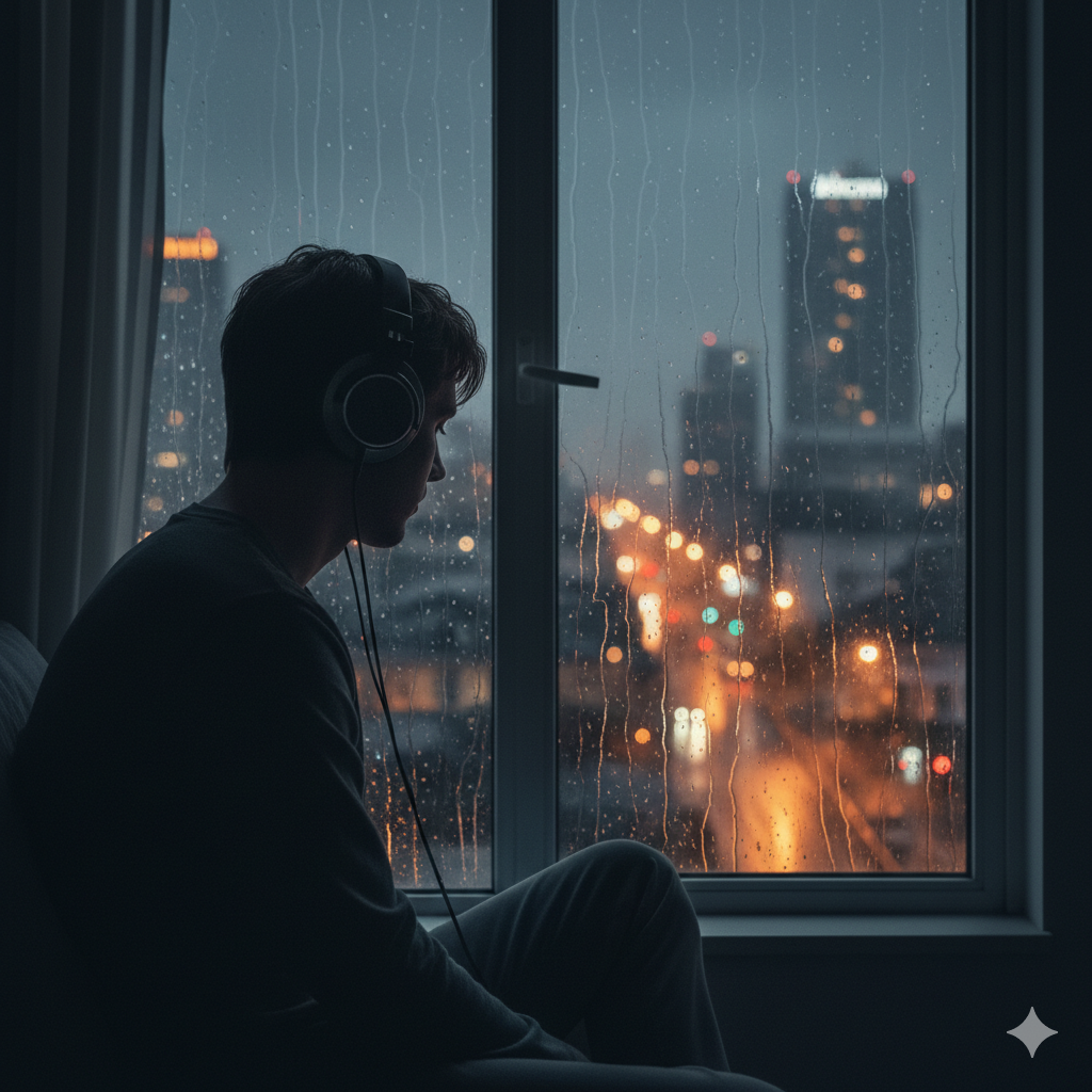 ภาพเชิงอารมณ์ของบุคคล (อาจเป็นภาพเงาหรือมองจากด้านหลัง) กำลังฟังเพลงอย่างตั้งใจด้วยหูฟังคุณภาพสูง ในบรรยากาศที่เงียบสงบและชวนให้คิด (เช่น มองออกไปนอกหน้าต่างที่มีฝนตก หรือทิวทัศน์เมืองยามค่ำคืน) ภาพใช้โทนสีหม่นและเศร้าสร้อยเล็กน้อย (เทา น้ำเงินหม่น แสงไฟถนนสีเหลือง) เพื่อสื่อถึง 'ข้อดี' ของบทเพลงในการเข้าถึงและสะท้อนอารมณ์ความรู้สึกของผู้ฟัง องค์ประกอบภาพเน้นไปที่การสร้างความรู้สึกของการใคร่ครวญและการเชื่อมโยงทางอารมณ์กับดนตรี