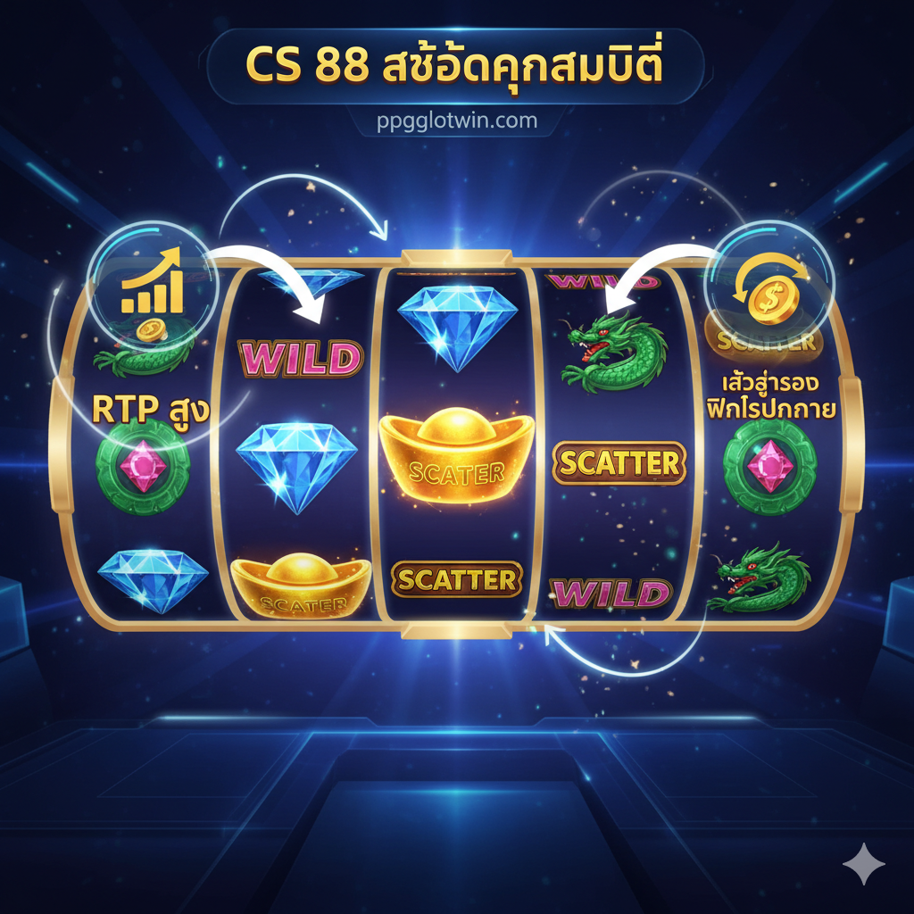 ภาพฟีเจอร์หลักของ CS 88 Slot แสดงสัญลักษณ์ Wild และ Scatter พร้อมข้อความ RTP สูงและเข้าฟรีสปินง่าย