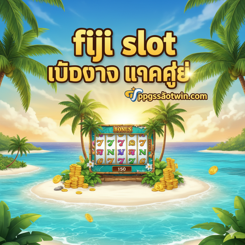 ภาพหน้าปกสล็อตธีมหมู่เกาะฟิจิที่น่าดึงดูดใจ (fiji slot) เน้นบรรยากาศเขตร้อนที่สดใสและเชิญชวน สีหลักเป็นสีฟ้าครามของน้ำทะเลและสีเขียวของต้นปาล์ม/เกาะในแสงอาทิตย์ยามเช้า/เย็น องค์ประกอบประกอบด้วย: กองเหรียญทองหรือสัญลักษณ์โบนัสของสล็อตผสมกับภาพหาดทรายขาว, ต้นมะพร้าว, และท้องฟ้าโปร่งใส มีข้อความภาษาไทยโดดเด่นว่า 'fiji slot เว็บตรง แตกง่าย' พร้อมโลโก้ ppgslotwin.com เล็กน้อย เน้นความรู้สึกของ 'เกาะสวรรค์แห่งวงล้อ' การจัดวางให้ภาพสล็อตอยู่ตรงกลางและองค์ประกอบธรรมชาติล้อมรอบ