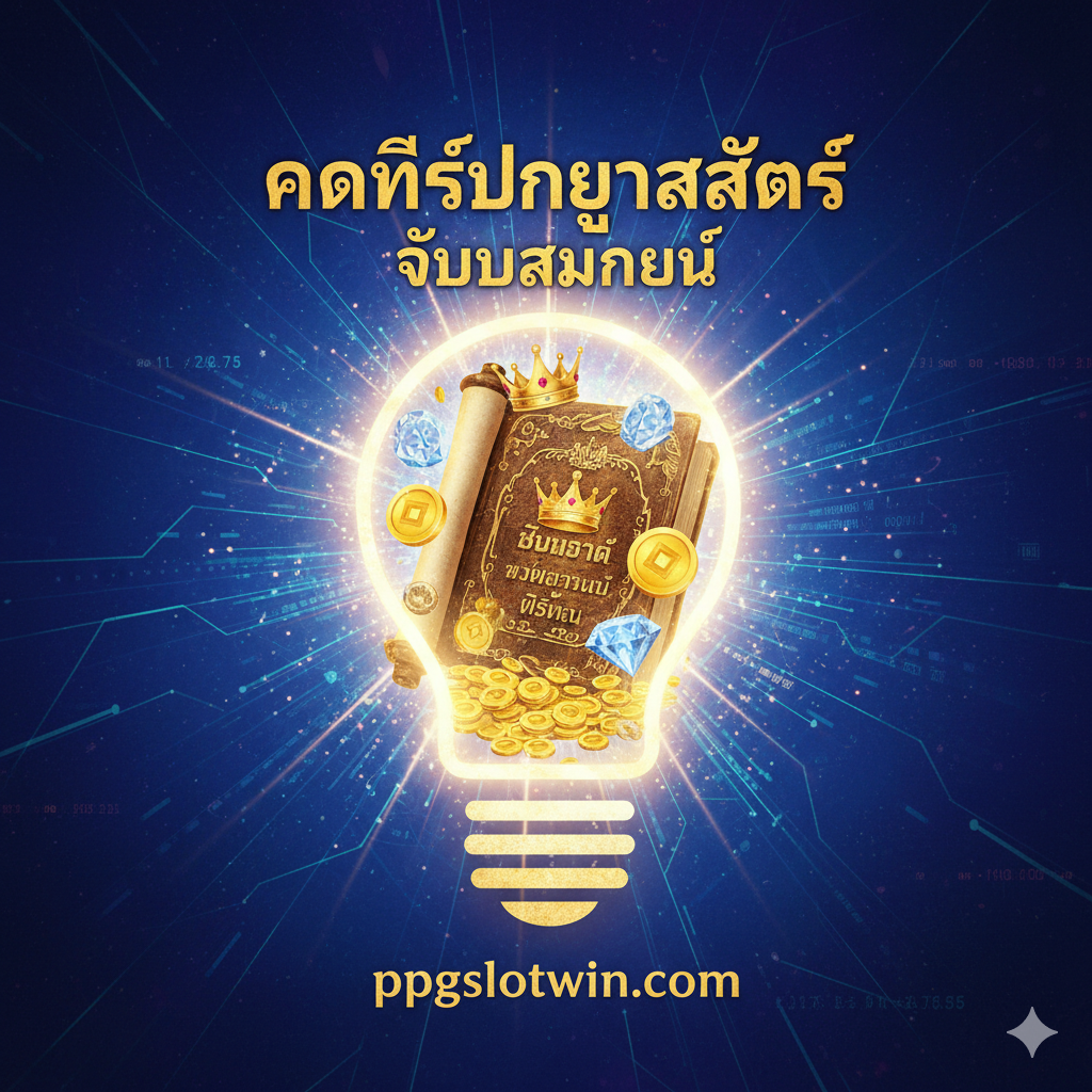 一张富有知识และ神秘感的封面图，主题是'คัมภีร์ปัญญาสล็อต (Slot Wisdom) ฉบับสมบูรณ์'。画面中央是一本古老的、发光的书籍หรือ卷轴，上面刻着泰文และ象征财富的金色符号（如金币、皇冠）。背景是深蓝色หรือ紫色，带有一些抽象的科技线条หรือ电路板纹理，象征着RNGและ现代科技。光线从书本中射出，形成一个智慧的光环（💡）。整体风格是高端、权威且引人เข้า胜。