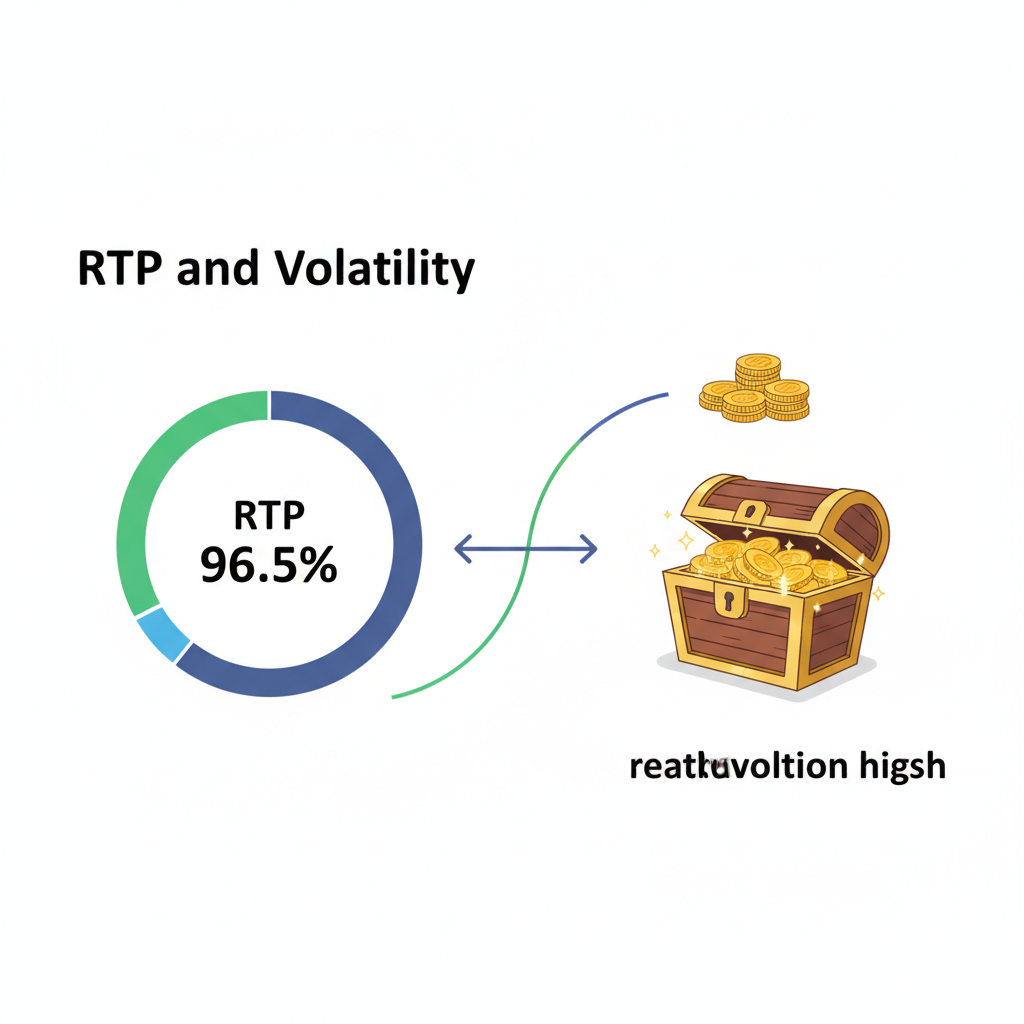 一张清晰展示关键技术概念的功能图，主题是RTP和Volatility。画面左侧是一个醒目的圆形图表หรือ仪表盘，标示着RTP (Return to Player) 的高百分比（如96.5%），使用绿色หรือ蓝色代表稳定。画面右侧是一对对比鲜明的元素：一个代表'Low Volatility'的小堆金币（频繁的小赢），和一个代表'High Volatility'的巨大、闪烁的宝箱（罕见的大赢）。两者通过一条曲线连接，强调它们的对立关系。风格简洁、信息量大，有专业的数据图表感。