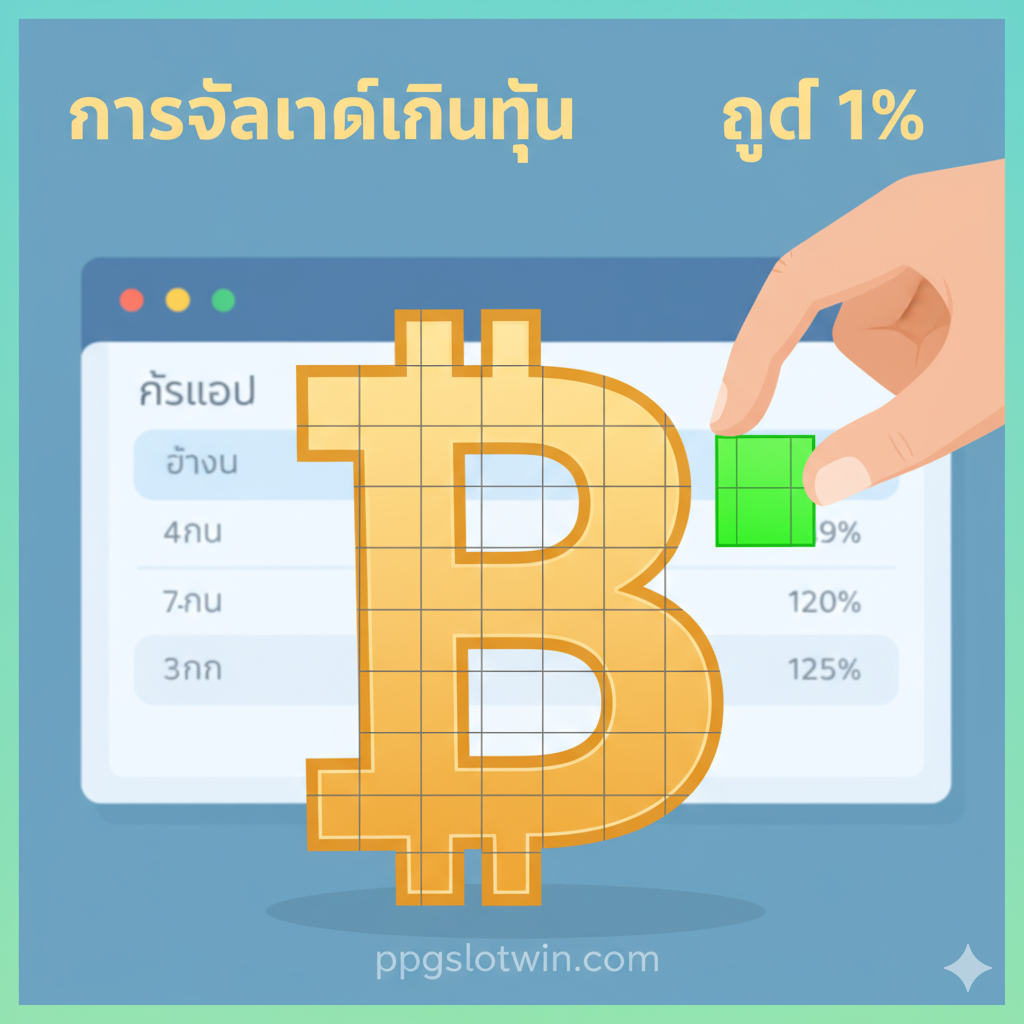 一张关于财务管理的教程指导图，主题是Bankroll Managementและ1% Rule。画面中央是一个清晰的分割图，一个大大的金钱符号（如฿หรือ$）ถูก精确地划分为100份，其中一小份（1%）被高亮หรือถูก一只手小心翼翼地取出。背景可以是一个整洁的电子表格หรือ计算器界面，突出'Bankroll Management'และ'กฎ 1%' (Rule 1%) 的字样。色彩以冷静的蓝色และ绿色为主，传达纪律และระบบ化ความรู้สึก。