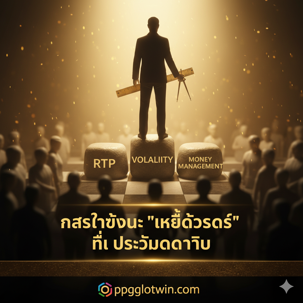 一张突出优势และ策略的图片，主题是'กลยุทธ์และ "เคล็ดลับสล็อต" ที่ใช้งานได้จริง'。构图是一个人影（象征玩家）站在一个สูง耸的平台หรือ棋盘上，俯瞰下方的普通玩家（使用模糊หรือ阴影表示）。平台由三个坚实的基石支撑：RTP, Volatility, และ Money Management。玩家手中拿着一把尺子หรือ罗盘，象征着他们不是靠运气而是靠精确的知识และ策略。画面应有胜利หรือ成功的金色光芒，风格自信且赋能。