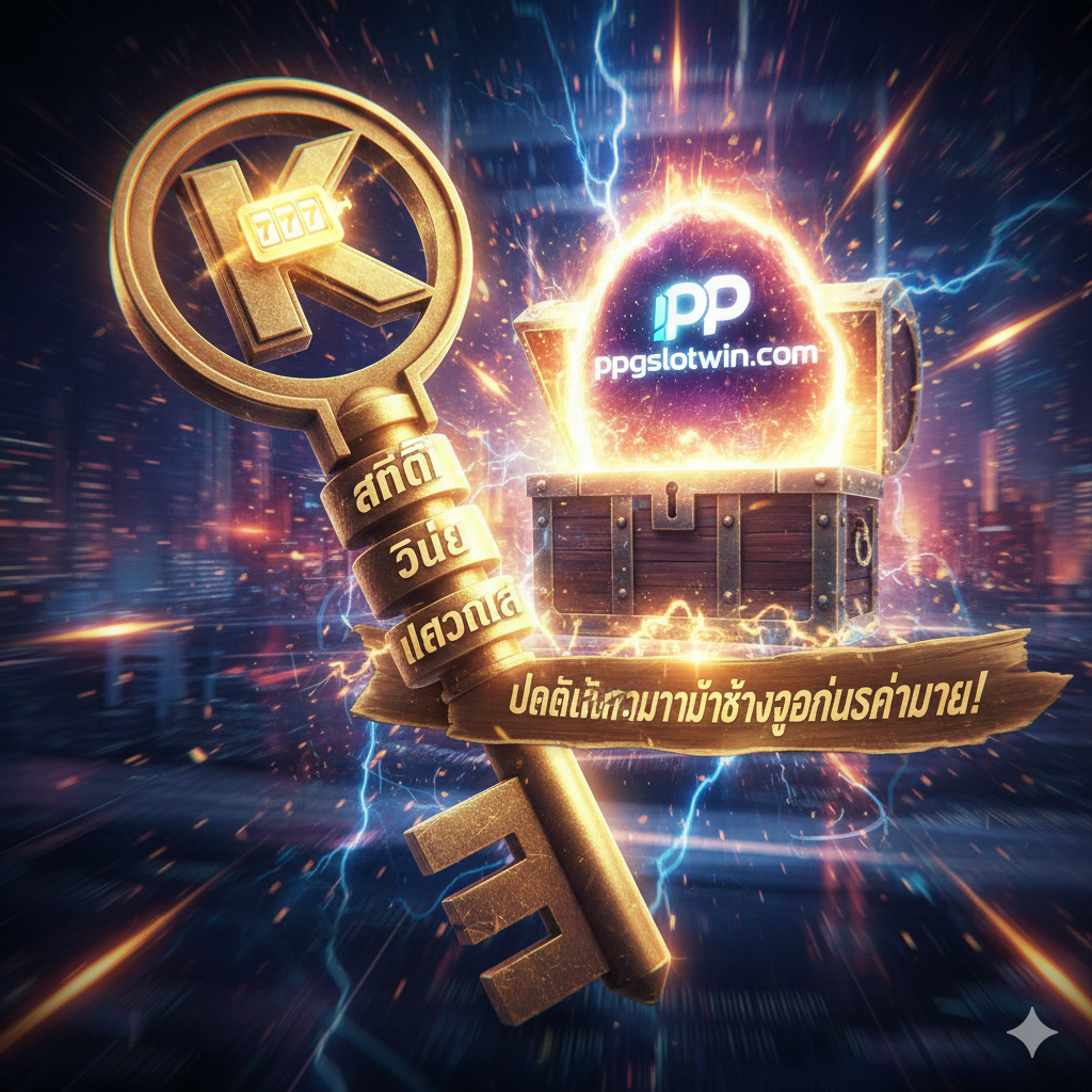 一张总结และ行动号召的图片，结合了ppgslotwin.com的品牌元素。画面中央是一个巨大的'K'（Key/กุญแจ）形状，钥匙环上有一个小小的老虎机图标。钥匙本身由三个ส่วน组成，分别标示着泰文ของ'สถิติ' (Statistics), 'วินัย' (Discipline), และ 'เป้าหมาย' (Goals)，对应文章的三个核心总结。钥匙正指向หรือ插入一个带有ppgslotwin.com标志的宝箱หรือ门户。色彩鲜艳、充满活力，激发玩家立即行动。