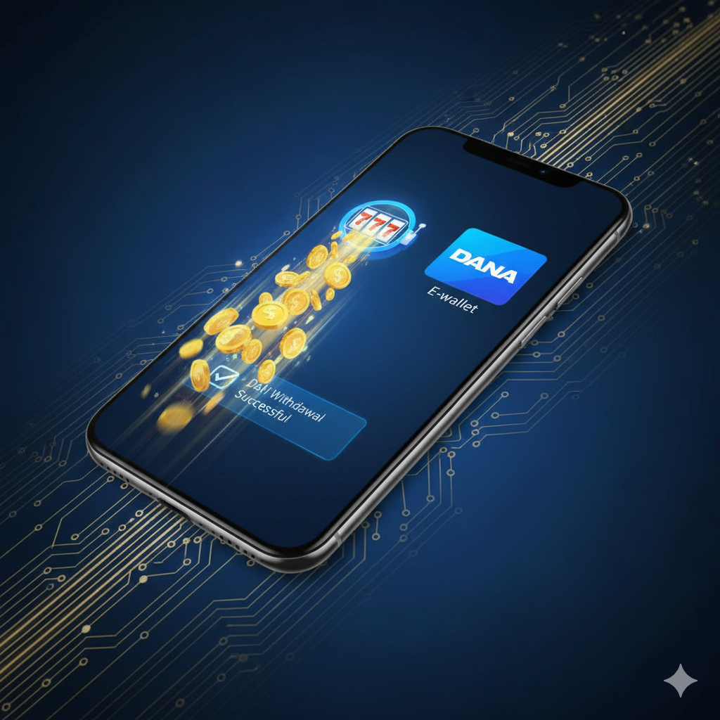 ภาพกราฟิกดิจิทัลที่มีพลังสูง เน้นสีน้ำเงินเข้มและสีทองเพื่อสื่อถึงความพรีเมียมและความรวดเร็วตามเอกลักษณ์ของ PPG Slotwin จุดศูนย์กลางคือหน้าจอสมาร์ทโฟนที่แสดงการแจ้งเตือน 'DANA Withdrawal Successful' พร้อมสัญลักษณ์เงิน (เช่น เงินรูเปียห์หรือเหรียญทอง) ที่ไหลออกจากสัญลักษณ์เครื่องสล็อตอย่างรวดเร็วเข้าสู่โลโก้ DANA E-wallet โดยตรง มีข้อความโอเวอร์เลย์ที่โดดเด่นเป็นภาษาอินโดนีเซีย/ไทย: 'Cara Tarik Uang ke DANA - 1 Menit Cair!' การจัดองค์ประกอบภาพควรมีความเคลื่อนไหวและรวดเร็ว เพื่อเน้นการโอนเงินที่เกิดขึ้นทันที.