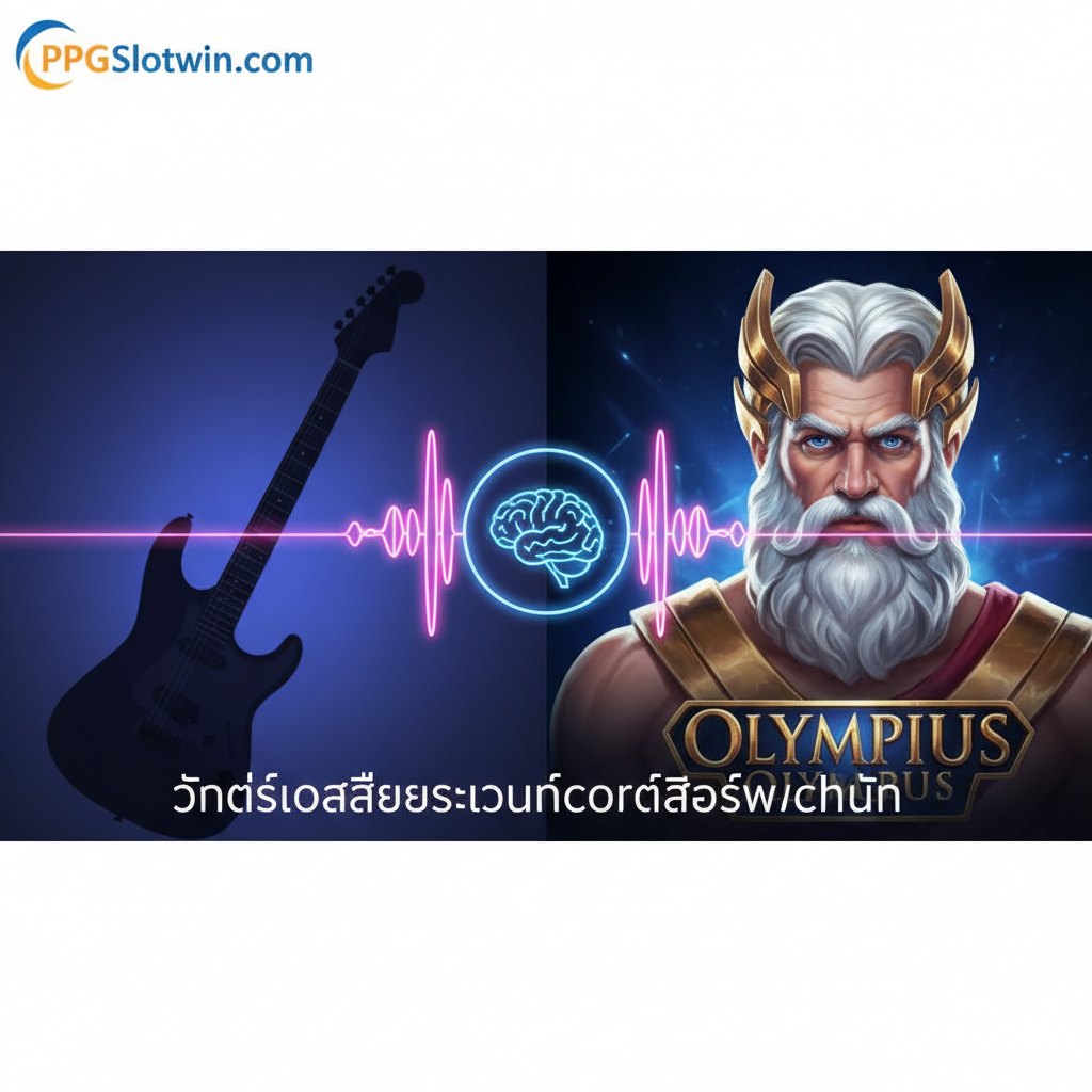 一张极具冲击力的封面图。画面被一条发光的霓虹声波分为两半：左边是一把电吉他的剪影，象征着“Slot Machine”乐队和“chord”；右边是PPG热门游戏（如Gates of Olympus）中Zeus的特写。两者通过声波连接，中央有一个发光的大脑图标，完美诠释了文章主题——“slot machine chord”背后的声音心理学。整体色调为深蓝和紫色，点缀着ppgslotwin的金色和霓虹灯效。