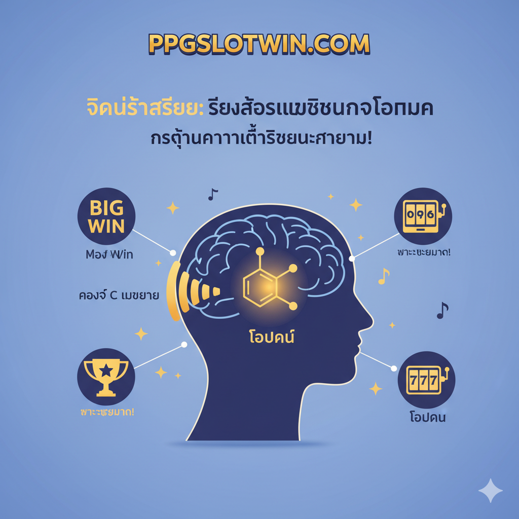 一张信息图风格的功能图,用于解释“声音心理学”。图片中央是一个程式化的人脑剪影,有声波(标注为“C Major Chord”)进入耳朵,触发大脑内部一个发光的“多巴胺”化学结构图标。周围环繞着小的图标,如“Big Win”奖杯、旋转的卷轴和音符,用以展示声音如何通过多巴胺(Dopamine)激发玩家的兴奋感和奖励机制。