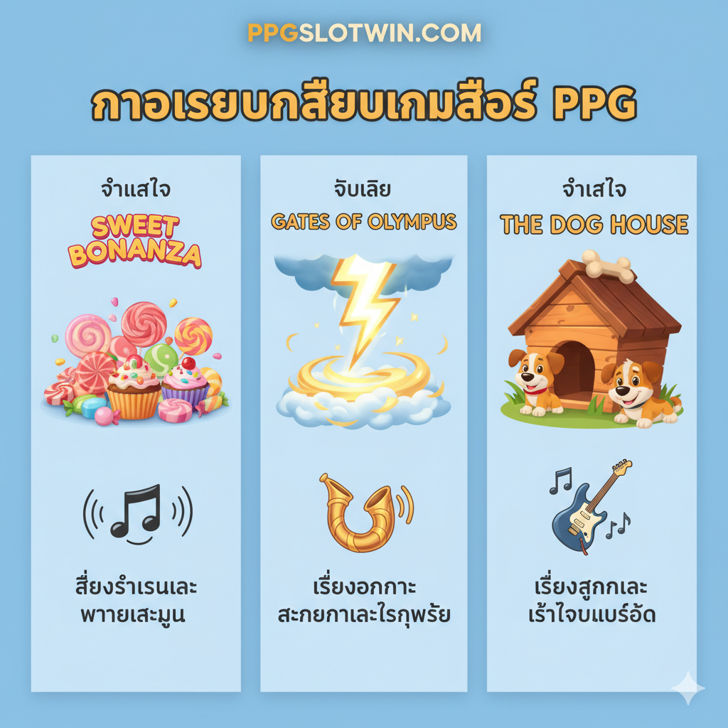 一张“教程”性质的对比分析图。图片并排展示了文章中提到的三款PPG游戏：《Sweet Bonanza》、《Gates of Olympus》和《The Dog House》。每个游戏下方都有其独特的视觉元素（糖果、闪电、狗屋）和代表其声音风格的图标（欢快的音符、史诗般的号角、摇滚吉他），并用泰语简短标注其声音特点（如“ร่าเริง”、“อลังการ”），直观地“教”玩家如何分辨不同游戏的声学设计。