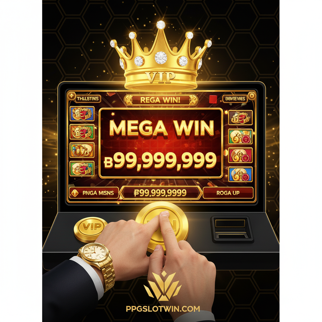 ภาพปกบทความที่แสดงถึงความหรูหราและวงเงินเดิมพันสูง (High Roller Slot Players) ในธีมสีทองและดำเข้ม เน้นความรู้สึกพรีเมียม ภาพควรมีองค์ประกอบหลักคือสัญลักษณ์ VIP ขนาดใหญ่ เช่น เพชรหรือมงกุฎทองคำ วางอยู่บนพื้นหลังของหน้าจอเกมสล็อตแมชชีนที่มีแสงสว่างจ้า แสดงตัวเลขเงินรางวัลมหาศาล (Mega Win) และมีมือที่สวมนาฬิกาหรู (สื่อถึง High Roller) กำลังกดปุ่มสปิน การจัดวางแบบเน้นศูนย์กลางเพื่อดึงดูดสายตา ให้ความรู้สึกมั่นคงทางการเงินและน่าตื่นเต้น เหมาะสำหรับเว็บไซต์ ppgslotwin.com