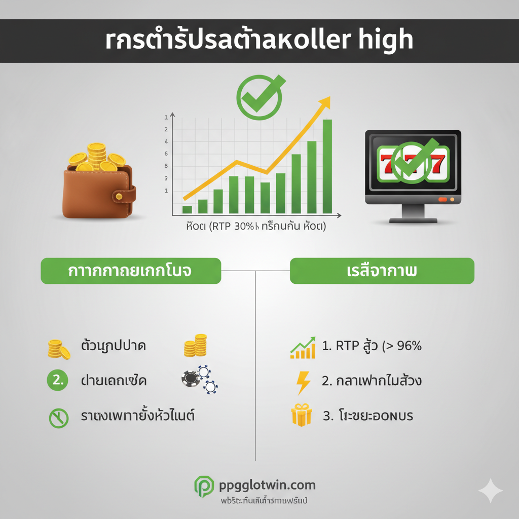 ภาพประกอบส่วน 'กลยุทธ์และเคล็ดลับ' เน้นการจัดการเงินทุนและการเลือกเกม ภาพควรเป็นแนวไดอะแกรมหรือแผนผังที่ดูทันสมัย แสดงขั้นตอนการเล่นอย่างมีกลยุทธ์ องค์ประกอบหลักคือกราฟแท่งหรือเส้นที่พุ่งสูงขึ้น (สื่อถึง RTP สูงและความผันผวนสูง) โดยมีไอคอนของกระเป๋าสตางค์ (Bankroll Management) และเครื่องหมายถูกบนหน้าจอเกมสล็อต (Game Selection) สีหลักควรเป็นสีเขียวและทองเพื่อสื่อถึงการเจริญเติบโตทางการเงินและความสำเร็จในการวางแผน