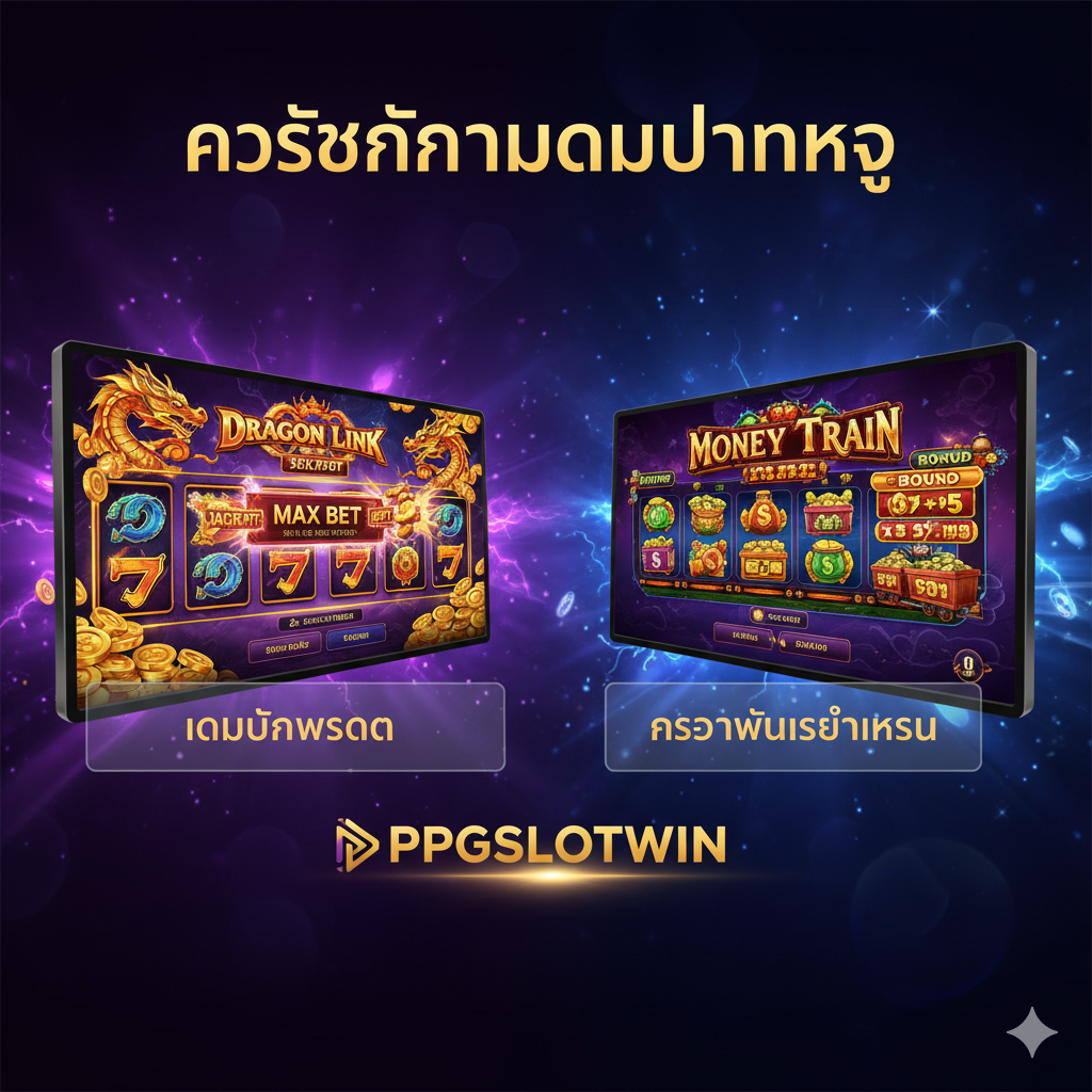 ภาพประกอบส่วน 'คัดสรรเกมเดิมพันสูง' เน้นการแสดงเกม High Limit Slots ภาพควรแสดงหน้าจอเกมสล็อตชื่อดังที่เน้นวงเงินเดิมพันสูงสุด (Max Bet) อย่างชัดเจน เช่น ภาพกราฟิกที่มีมังกรทอง (Dragon Link) หรือตัวรถไฟที่เต็มไปด้วยเงิน (Money Train) พื้นหลังควรมีแสงสีม่วงหรือน้ำเงินเข้มเพื่อเน้นความลึกลับของแจ็คพอต มีกรอบข้อความลอยตัวที่ระบุ 'Max Bet Limit' และ 'High Volatility' อย่างเด่นชัด สื่อถึงศักยภาพการจ่ายรางวัลที่มหาศาลสำหรับผู้เล่นเงินสูงของ PPGSLOTWIN