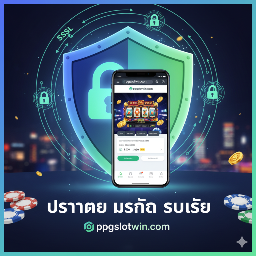 ภาพสรุปที่เน้นย้ำความน่าเชื่อถือและความปลอดภัยสำหรับผู้เล่นเงินสูง (Security and Reliability) ภาพควรมีโล่ป้องกัน (Security Shield) ขนาดใหญ่เป็นองค์ประกอบหลัก พร้อมสัญลักษณ์แม่กุญแจและเส้นเข้ารหัส (SSL Encryption) ล้อมรอบ มีไอคอนโทรศัพท์มือถือที่แสดงหน้าจอเว็บไซต์ ppgslotwin.com ที่ไร้รอยต่อและรวดเร็ว (Mobile-First UX) อยู่ด้านหน้า เน้นโทนสีน้ำเงิน/เขียวอ่อนเพื่อสื่อถึงความไว้วางใจและความโปร่งใส การจัดวางองค์ประกอบควรสร้างความรู้สึกมั่นใจว่าการทำธุรกรรมวงเงินสูงนั้นปลอดภัยและรวดเร็วบนแพลตฟอร์มนี้