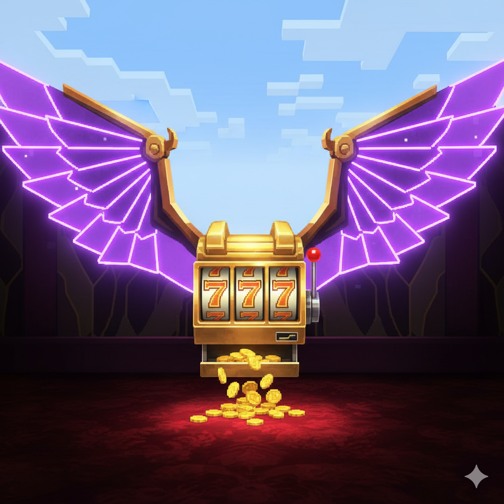 A captivating cover image blending Minecraft-inspired aesthetics with premium casino luxury. The focal point is a stylized, pixelated 'Elytra' wing set glowing in neon purple, attached to a golden slot machine chestplate displaying a '777' jackpot. The background transitions from a blocky blue sky to a rich, dark velvet casino floor with falling golden coins. The composition is centered and dynamic, symbolizing the fusion of gaming fun and serious wealth, designed to attract both gamers and gamblers.