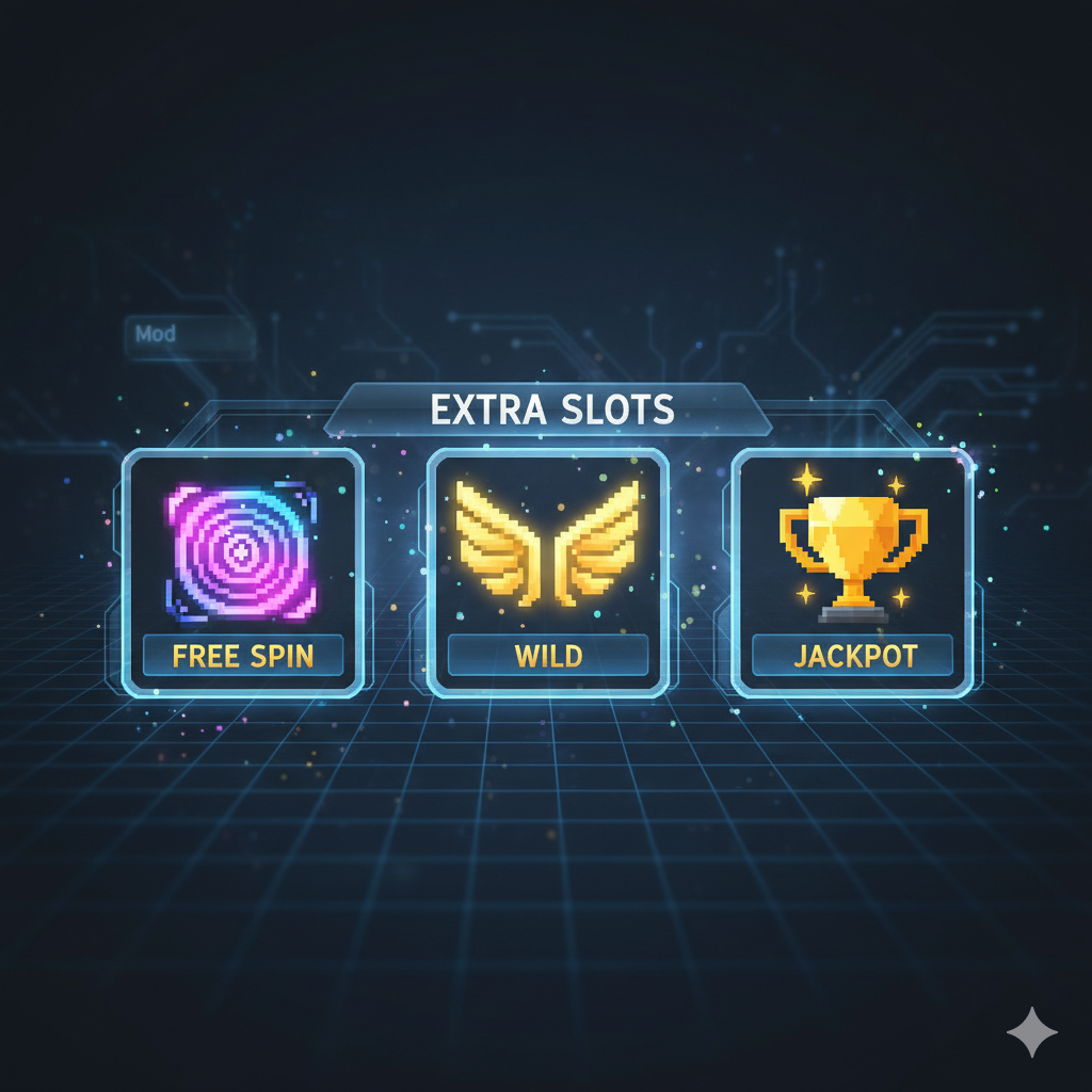A futuristic UI interface graphic displaying three glowing 'Extra Slots' or inventory squares. The first slot contains a swirling 'Free Spin' icon, the second a golden 'Wild' wing symbol, and the third a diamond 'Jackpot' trophy. Magical particles and sparkles radiate from these slots, suggesting powerful in-game modifiers. The art style combines voxel art with sleek, high-definition metallic borders, set against a digital grid background to represent the 'Mod' concept mentioned in the article.