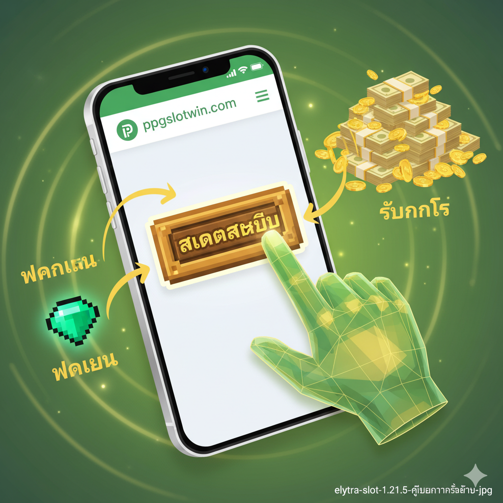An instructional illustration showing a smartphone screen accessing the PPGSLOTWIN website. A 3D digital hand is pressing a 'Sign Up' button that is designed to look like a game crafting button. Visual arrows guide the viewer's eye from 'Registration' to 'Deposit' (represented by a pixelated emerald) to 'Profit' (represented by realistic stacks of cash). The lighting is bright and clean, using green and gold tones to signify success and easy access.