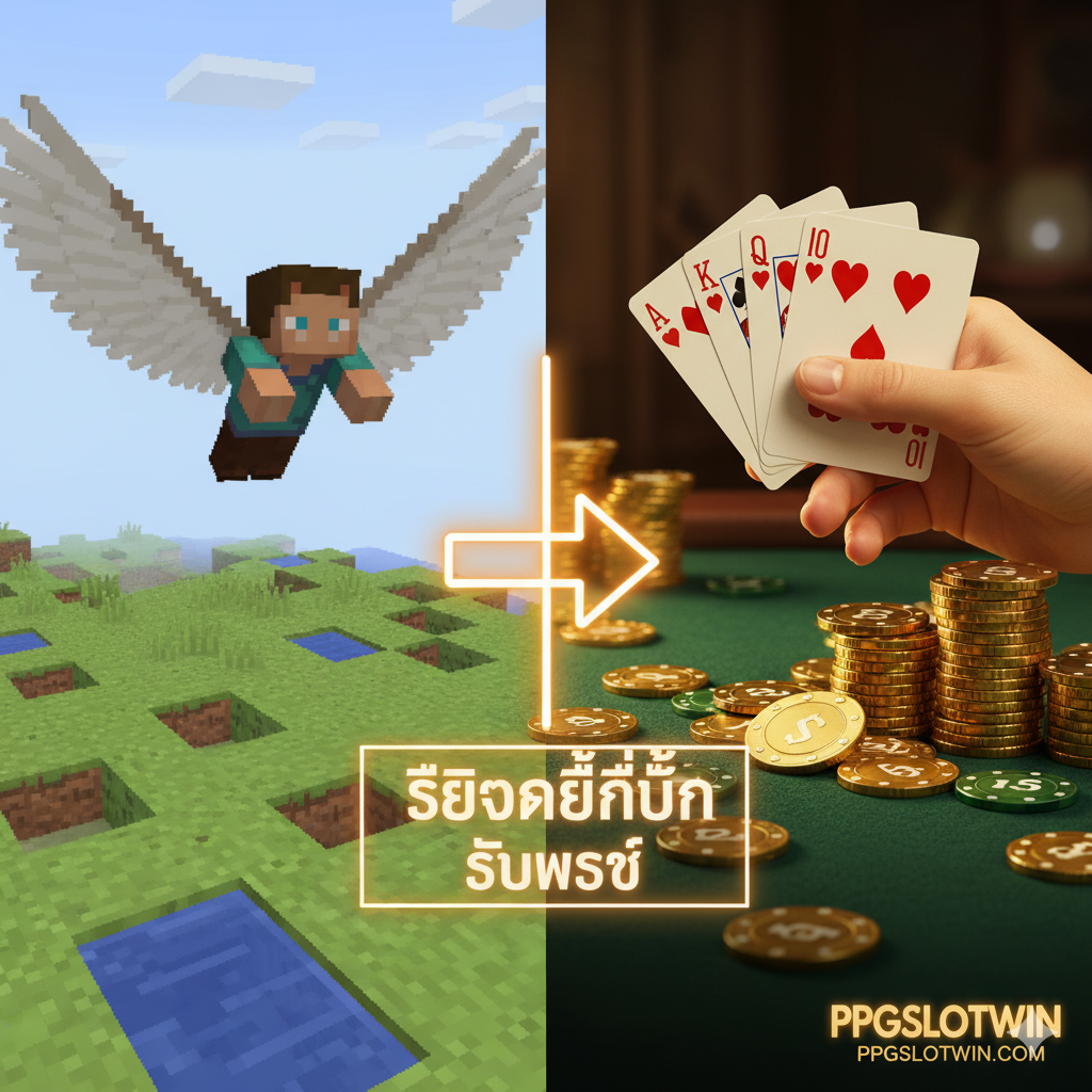 A split-screen comparison graphic. On the left, a muted pixel-art character flies with Elytra wings over a blocky landscape, representing virtual gaming. On the right, a vibrant, high-quality scene shows a hand holding a royal flush of cards and gold chips, representing real financial rewards at PPGSLOTWIN. A glowing neon arrow points from the left to the right, indicating an 'Upgrade' or 'Level Up' in life. The contrast highlights the transition from virtual fun to tangible profit.