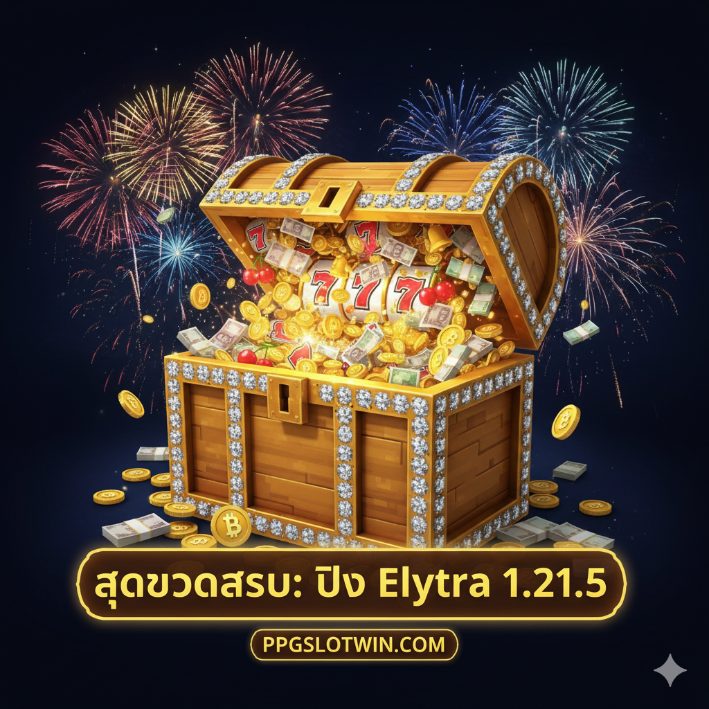 A celebratory summary image featuring a large, open treasure chest. The chest retains a blocky, voxel shape reminiscent of the game but is rendered in realistic solid gold and encrusted with diamonds. It overflows with glowing slot machine symbols, coins, and banknotes. Fireworks explode in the dark background, creating a festive atmosphere. This image serves as a powerful visual Call to Action, promising wealth and excitement for the user.