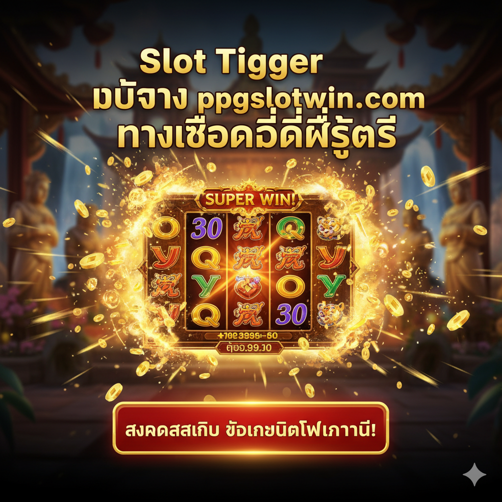 ภาพรวมเกม Fortune Tiger (Slot Tigger) แสดงช่วง Big Win/Super Win พร้อมข้อความ: Slot Tigger เว็บตรง ppgslotwin.com ทางเลือกที่ดีที่สุด และปุ่ม Call-to-Action: สมัครสมาชิก รับเครดิตฟรีทันที!