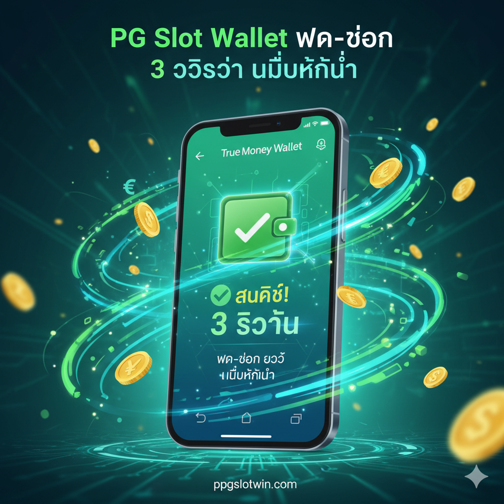 ฟังก์ชันภาพ เน้นที่ “PG Slot Wallet ฝาก-ถอน ออโต้ 3 วินาที ไม่มีขั้นต่ำ” ความสะดวกสบาย โดยมีโลโก้ True Money Wallet เด่นชัดและสัญลักษณ์ ✓ สีเขียว พร้อมข้อความ “3 วินาที” แสดงถึงความรวดเร็วและปลอดภัย