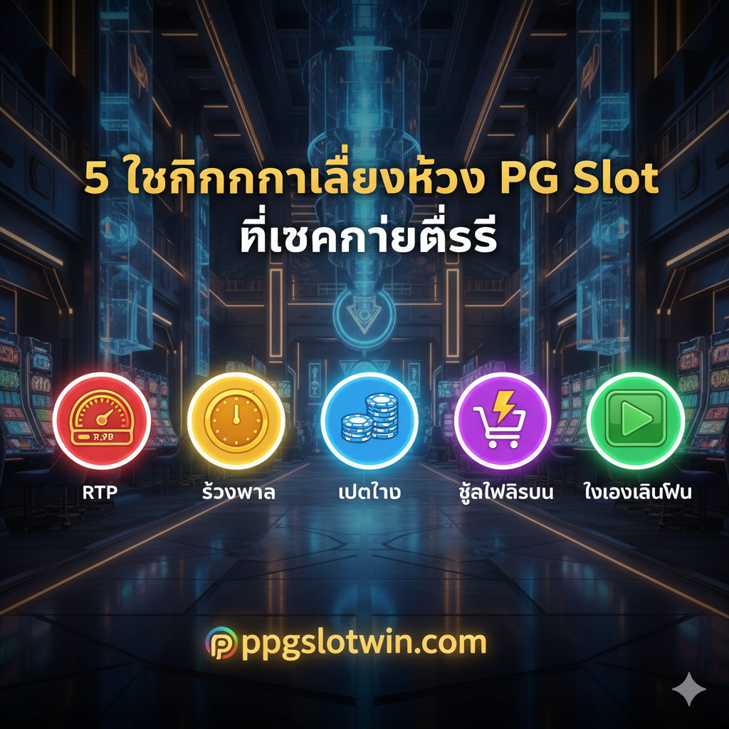 ภาพ Tutorial: 5 เทคนิคการเลือกห้อง PG Slot ที่แตกง่ายที่สุด ประกอบด้วยไอคอน 5 อันที่สื่อถึง RTP, ช่วงเวลา, เบทต่ำ, ซื้อฟรีสปิน และทดลองเล่นฟรี ในรูปแบบไกด์ไลน์เกมที่ชัดเจน