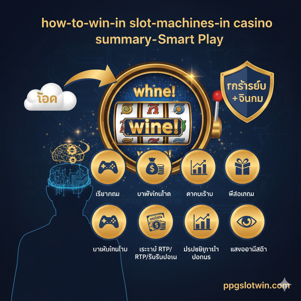 ภาพสรุปที่เน้นย้ำถึงการเล่นอย่างชาญฉลาดและมีความรับผิดชอบ องค์ประกอบหลักคือภาพคนที่มีหมวกนักคิด (Thinking Cap) หรือสมองที่กำลังทำงานอยู่ข้างหน้าวงล้อสล็อตที่หยุดหมุนแล้วแสดงผล 'Win' ใช้ภาพลูกศรที่ชี้จาก 'โชค' ไปที่ 'กลยุทธ์' หรือ 'วินัย' มีไอคอน 5 ข้อที่ใช้เป็นสัญลักษณ์แทนหัวใจสำคัญ 5 ข้อสู่ชัยชนะ (เลือกเกม, คุมเงิน, เข้าใจ RTP/Volatility, ใช้โบนัส, มีสติ) สีที่ใช้ควรเป็นสีทองและสีน้ำเงินเข้มเพื่อสื่อถึงชัยชนะที่มาจากการวางแผนอย่างรอบคอบ