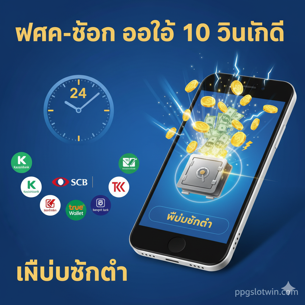 ภาพที่สื่อถึงข้อได้เปรียบหลักของ ppgslotwin ในด้านระบบการเงินอัตโนมัติ (Auto-B/Auto-W) โดยมีภาพเหรียญ/ธนบัตรกำลังถูกส่งผ่านโทรศัพท์มือถือเข้าสู่ธนาคารอย่างรวดเร็ว (มีแถบความเร็วหรือสายฟ้าเป็นสัญลักษณ์) พื้นหลังเป็นนาฬิกาที่แสดงเวลา 24 ชั่วโมง และโลโก้ธนาคารชั้นนำหลายแห่ง รวมถึง True Wallet เพื่อแสดงการรองรับที่หลากหลาย เน้นข้อความ 'ฝาก-ถอน ออโต้ 10 วินาที' และ 'ไม่มีขั้นต่ำ' ด้วยฟอนต์ที่ดูมั่นคงและน่าเชื่อถือ