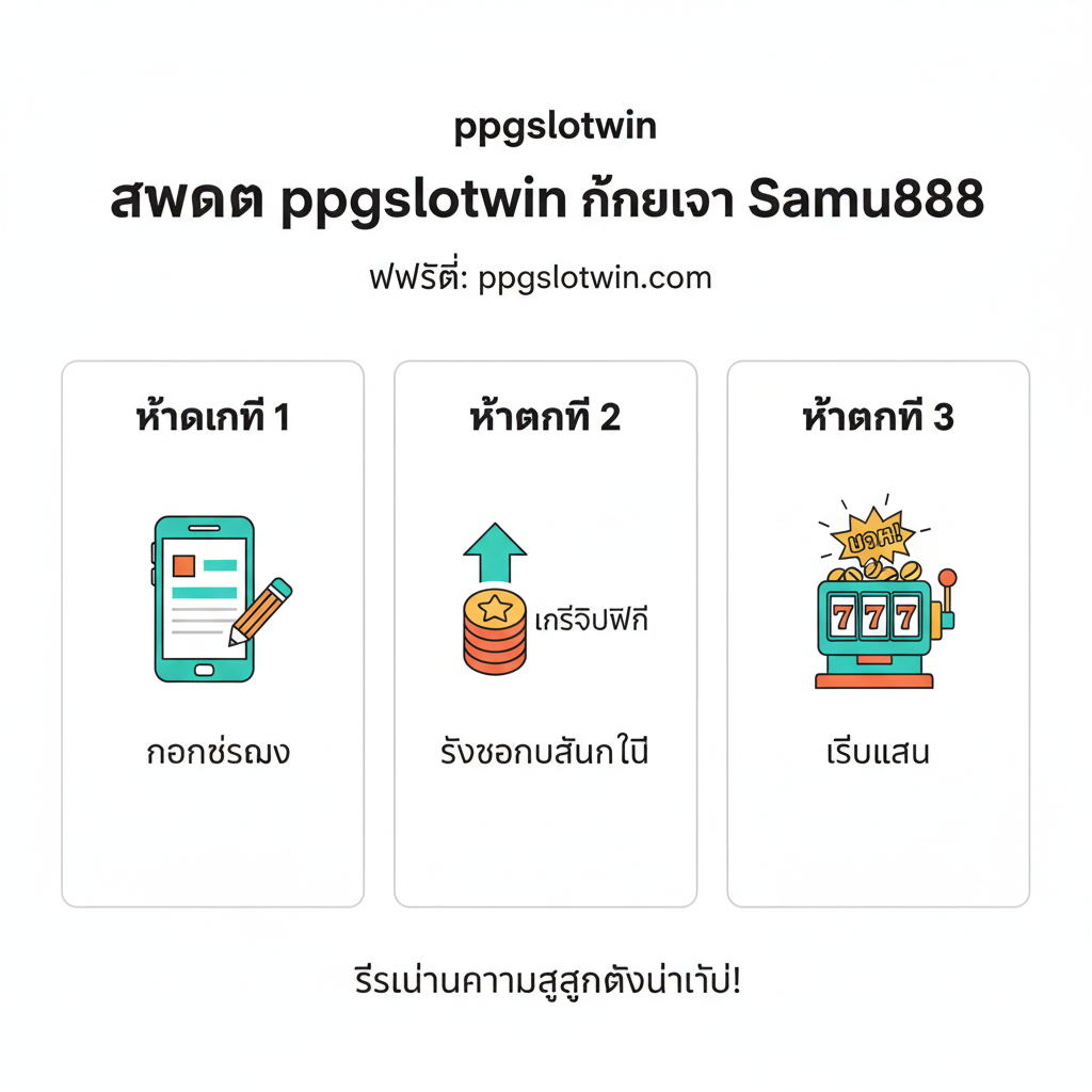 ภาพแสดงขั้นตอนการ 'สมัคร' สมาชิก ppgslotwin.com ที่ง่ายและรวดเร็ว โดยเป็นภาพอินโฟกราฟิกแบบมินิมอล มีขั้นตอนง่ายๆ 3 ขั้นตอน (Step 1, Step 2, Step 3) บนพื้นหลังสีขาวสะอาดตา แต่ละขั้นตอนมีไอคอนที่เข้าใจง่าย เช่น Step 1: ไอคอนมือถือและฟอร์ม, Step 2: ไอคอนลูกศรชี้ไปที่เครดิตฟรี, Step 3: ไอคอนเครื่องสล็อตที่กำลัง 'แตก' (Jackpot) เพื่อสื่อถึงการเริ่มต้นที่รวดเร็วและได้รับโบนัสทันที เน้นข้อความหลัก 'สมัคร ppgslotwin ง่ายกว่า Samu888' ด้วยตัวอักษรภาษาไทยที่เด่นชัด
