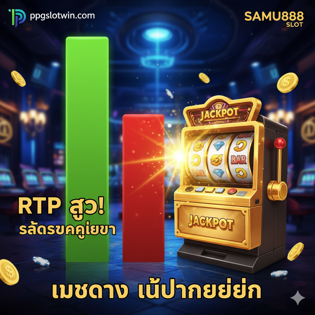 ภาพเน้น 'จุดแข็ง' และ 'อัตราจ่าย (RTP)' ที่เหนือกว่าของ ppgslotwin.com แสดงกราฟแท่งแนวตั้งที่มีสีเขียวสูงลิบเมื่อเทียบกับกราฟแท่งสีแดงที่ต่ำกว่าเล็กน้อย (ซึ่งหมายถึงเว็บเอเย่นต์ทั่วไป) โดยมีตัวเลข 'RTP สูง!' และ 'สล็อตแตกง่ายกว่า' อยู่ด้านบนกราฟอย่างชัดเจน องค์ประกอบเพิ่มเติมคือเครื่องสล็อตที่กำลังสปินและมีแสงสีทองส่องประกาย แสดงถึงการถูกรางวัลใหญ่ (Jackpot) พร้อมข้อความเน้นย้ำ 'เว็บตรง ไม่ผ่านเอเย่นต์' เพื่อตอกย้ำความยุติธรรมของอัตราจ่าย
