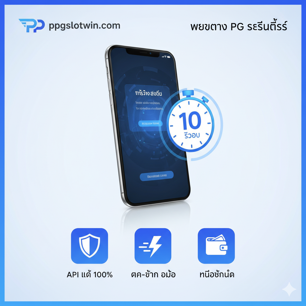 一张强调速度和安全性的技术感图形。核心视觉是一个风格化的智能手机界面,显示交易成功的通知,旁边浮动着一个巨大的“10 SECONDS”计时器图形。下方设置三个醒目的小图标:一个带有“API แท้ 100%”的盾牌、一个闪电符号代表速度,以及一个钱包图标表示“ฝาก-ถอน ออโต้ ไม่มีขั้นต่ำ”。整体采用干净的蓝色和白色调,象征稳定性和信任,突出 ppgslotwin.com 作为“เว็บตรง pg เสถียรที่สุด”的功能特性。