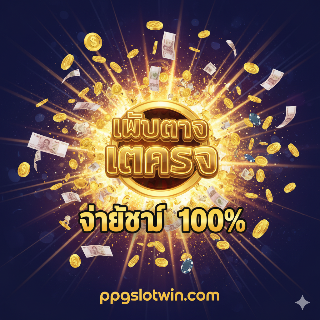 一张吸引眼球的封面图片,主题是“slot แตกจริง” (老虎机真实爆奖)。主视觉为一个巨大的、爆炸式的金色老虎机大奖(Jackpot),背景是ppgslotwin.com的品牌配色(例如深蓝色或紫色搭配亮金色和红色)。画面中要有大量金币和钞票飞溅,强调“จ่ายชัวร์ 100%”。ออกแบบ风格要高端、动感、充满财富感。可以巧妙融入泰文关键词“เว็บตรง”和“แตกจริง”的霓虹灯效果文字。构图突出中央爆炸奖金,营造强烈的视觉冲击力。
