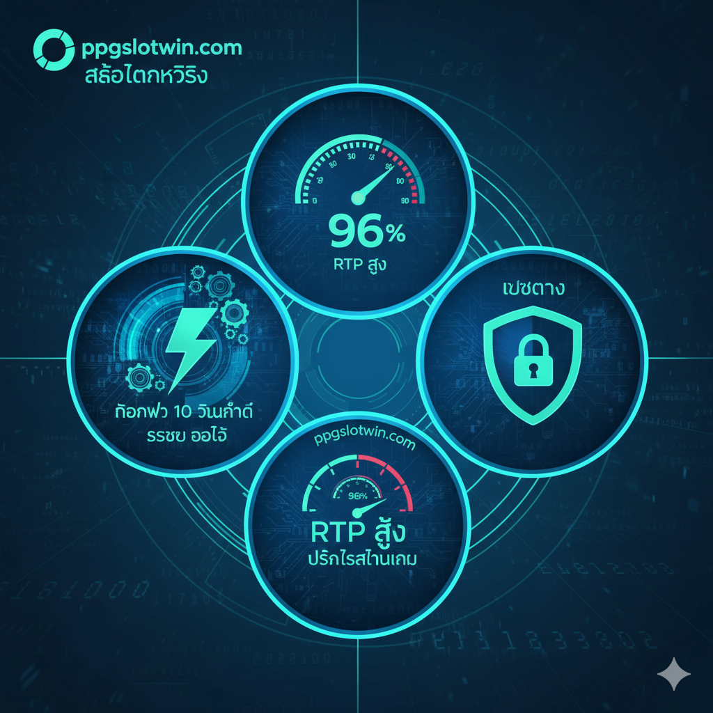 一张强调核心功能（系统与RTP）的图片。画面应展示三个关键元素：1. ระบบ自动：一个闪电形状的图标代表“ถอนไว 10 วินาที”และ“ระบบ Auto”，配以高速运转的齿轮背景。2. 高RTP：一个带有“96%+”数字的图表或仪表盘，代表“RTP สูง”และ游戏透明度。3. 安全性/Web Direct：一个盾牌或锁的图标，上面有“เว็บตรง”字样。整体采用科技蓝和绿色调，表达先进、快速และ信任感。构图为三联排或环形布局，清晰展示ppgslotwin作为“slot แตกจริง”的技术支撑。