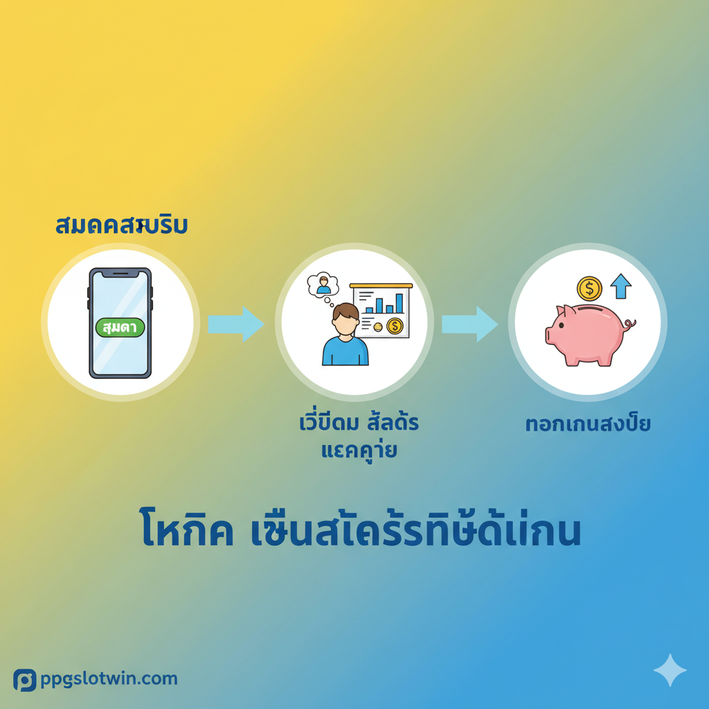 一张展示“สมัครสมาชิก”（注册）และ“วิธีดู สล็อต แตกง่าย”（看爆奖技巧）的教程图片。图片主体应为三个简洁的步骤图标：1. 手机屏幕上的“สมัคร”按钮。2. 一个人在思考或研究老虎机图表（代表选择RTP高的游戏和管理资金）。3. 一个金币掉入存钱罐的动作（代表成功提款）。图片风格应简洁、步骤化，使用亮色背景และ清晰的箭头指引。在底部หรือ角落可以放置泰文的“เทคนิค เล่นสล็อตให้ได้เงิน”字样，作为视觉提示。