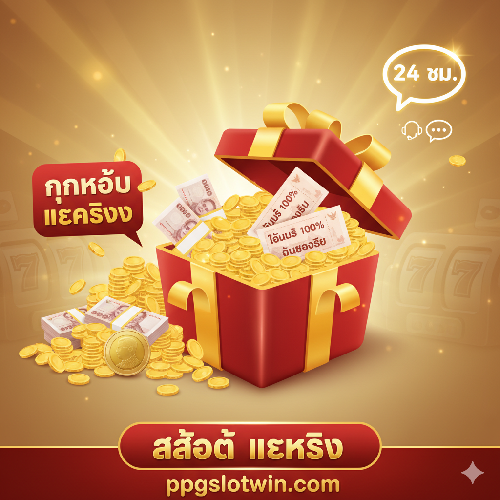 一张突出优惠和服务的优势图片。主视觉为一个เปิดของขวัญ，里面装满了金币และ带有“100% Bonus”หรือ“คืนยอดเสีย”字样的优惠券。背景应有“24 ชม.”的客服聊天气泡图标，代表全天候服务。强调“ทุนน้อย”也能爆奖，可以放置一个小额泰铢（例如 10 บาท）的硬币旁边出现大额奖金。色彩使用暖色调，如红色和金色，营造出慷慨、福利多ๆ的感觉。整体ออกแบบ要突出ppgslotwin的促销力度和人性化服务。