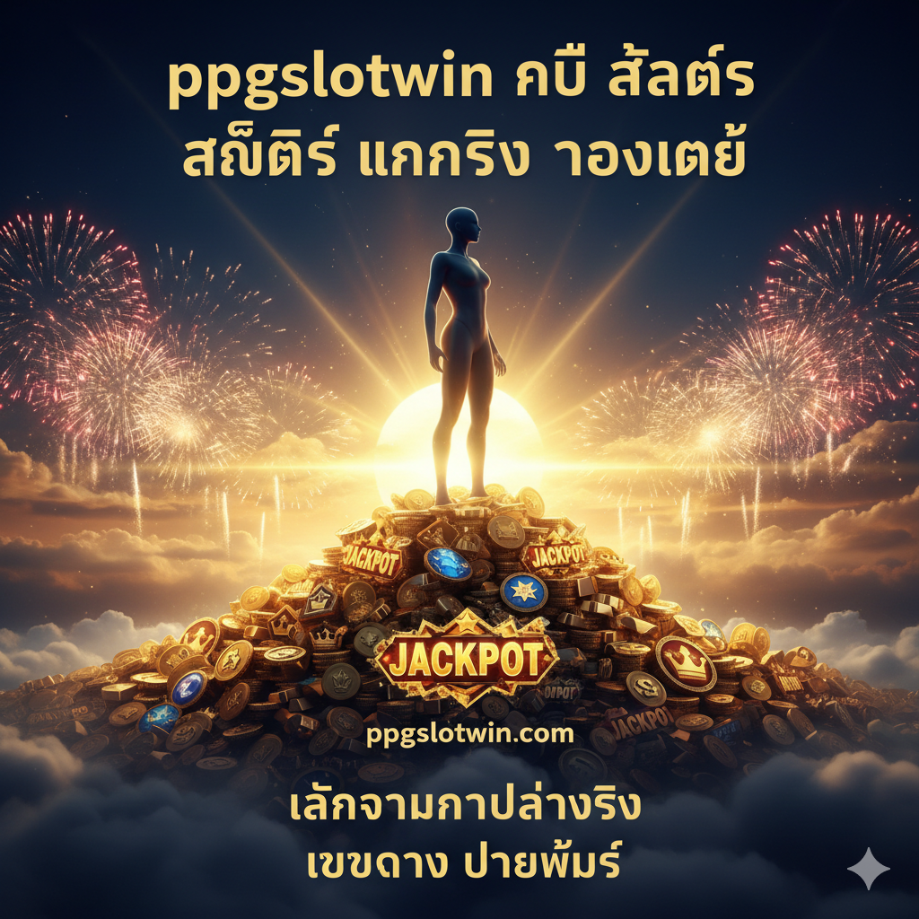 一张总结性质的图片,用于结尾强调信任และ胜利。主画面为一个自信的玩家(侧影或抽象人物,性别中立)站在一座堆满金币和老虎机大奖标志(Jackpot Symbol)的山顶上,背景是胜利的日出หรือ烟花。图片上方大字体的泰文“ppgslotwin คือ สล็อต แตกจริง ของแท้”,下方小字配上“หลักฐานการจ่ายจริง”และ“เว็บตรง จ่ายชัวร์”。采用高对比度的光影效果,营造出成功、值得信赖的品牌形象,让用户产生强烈的注册และ获胜的欲望。