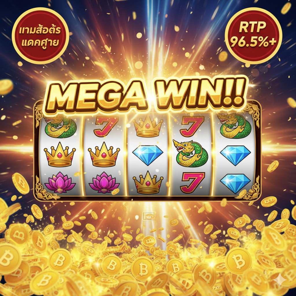 ภาพลักษณะเด่นที่แสดงข้อดีของ 'เกมสล็อตแตกง่าย' และ 'RTP สูง' ภาพหลักคือหน้าจอเกมสล็อตที่มีชีวิตชีวาซึ่งแสดงคำว่า 'MEGA WIN' หรือ 'JACKPOT' ขนาดใหญ่พร้อมสัญลักษณ์เหรียญทองและเงินบาทที่บินออกมาจากหน้าจอ ภาพควรแสดงสัญลักษณ์ธีม 'Don Slot' ที่มีมูลค่าสูงบนวงล้อ (เช่น มงกุฎ เพชร หรือองค์ประกอบสไตล์ไทยที่เป็นเอกลักษณ์) และเน้นตัวเลข 'RTP 96.5%+' ในรูปแบบดิจิทัล สีสันสดใส มีความรู้สึกเคลื่อนไหว เน้นผลตอบแทนสูงและความสนุกของเกม เพื่อดึงดูดผู้เล่น