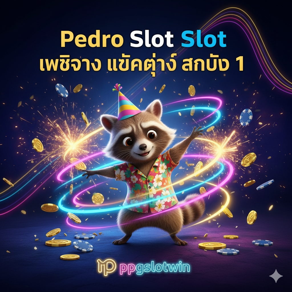 设计一张高品质的Banner图作为文章的封面，以“Pedro Slot (สล็อตแรคคูน)”为核心主题。图片中心应突出一个可爱的、拟人化的卡通风格的浣熊（Raccoon），穿着或戴着与热带或派对相关的服饰，模仿知名的“Pedro Raccoon Dancing Meme”的姿势，周围环绕着旋转的霓虹灯光和金币/筹码。背景是深色调（如午夜蓝或紫色），使用霓虹灯和闪耀的金色效果来增加赌场的刺激感。醒目地印上泰语关键词：“Pedro Slot เว็บตรง แตกง่าย อันดับ 1”以及站点品牌“ppgslotwin”。整体风格应充满活力、有趣且具有吸引力。