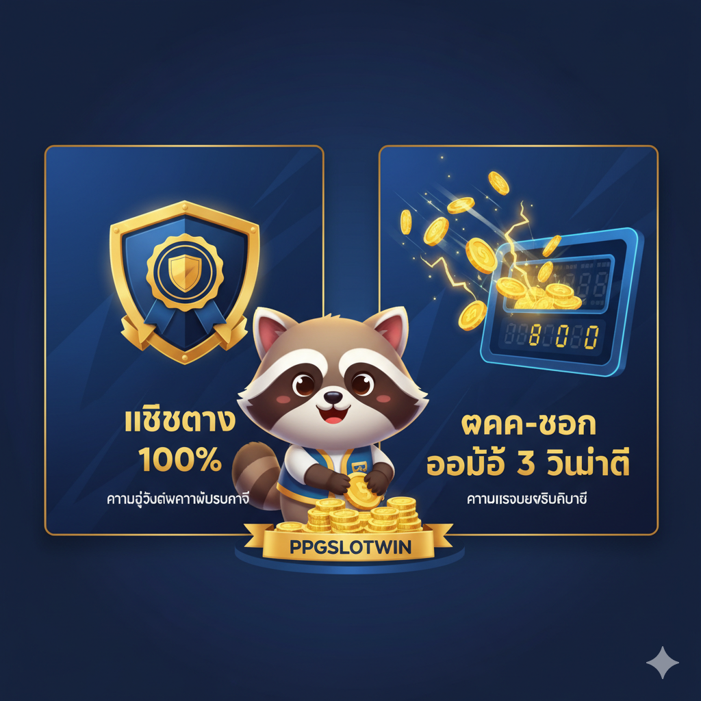 图片重点突出ppgslotwin作为“เว็บตรง”和“ระบบ Auto”的优势。构图可以是一个双联屏或分屏设计。左侧屏幕展示“เว็บตรง 100%”并配上一个可靠的盾牌/认证标志,象征公正与安全。右侧屏幕展示一个快速流动的金币或闪电符号,代表“ฝาก-ถอน ออโต้ 3 วินาที”的速度和效率。在两个屏幕的中心位置,可以放置一个可爱的Pedro Raccoon角色正在快速接收和计数金币的动作,以保持主题一致性。使用蓝色和金色作为主色调,传达出专业、值得信赖和快速的优势。