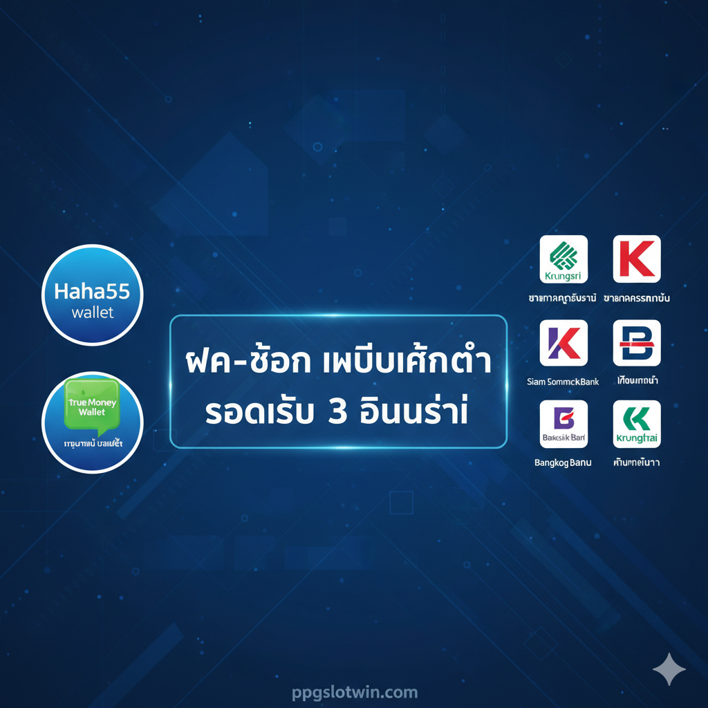 一张展示“Haha55 Slot”便捷金融功能的特性图。ภาพด้านซ้ายเน้นโลโก้ 'Haha55 wallet' และ True Money Wallet ด้านขวาแสดงไอคอนธนาคารไทยหลักๆ ตรงกลางภาพใช้ข้อความภาษาไทยที่ชัดเจนเน้น 'ฝาก-ถอน ไม่มีขั้นต่ำ' และ 'รวดเร็ว 3 วินาที' พื้นหลังเป็นสีฟ้าเทคโนโลยีและสีขาวที่เรียบง่าย ให้ความรู้สึกถึงความเป็นมืออาชีพ ปลอดภัย รวดเร็ว และมีประสิทธิภาพ