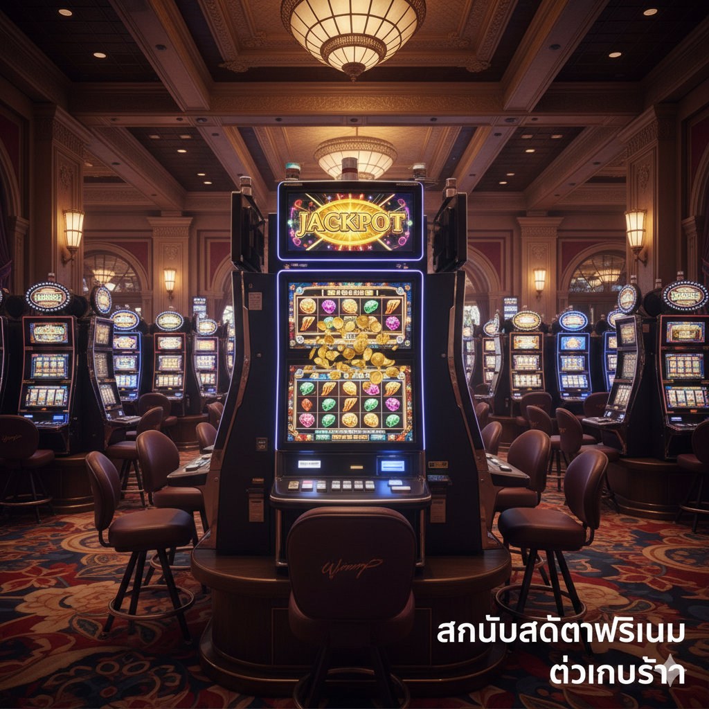 ภาพปกแสดงบรรยากาศสล็อตแมชชีนระดับพรีเมียมในคาสิโนหรูหราสไตล์ Wynn Las Vegas เน้นสีทอง แดงเข้ม และแสงไฟสลัวอย่างมีระดับ มีตู้สล็อตหลายตู้เรียงกัน แสดงหน้าจอเกมที่มีสัญลักษณ์เป็นเพชรพลอยหรือเหรียญทองวาววับ โดยมีตู้หนึ่งเด่นเป็นพิเศษและมีแสง 'JACKPOT' สว่างจ้าอยู่ด้านบน ใช้มุมกล้องระดับสายตาเล็กน้อยเพื่อสื่อถึงความอลังการของสถานที่ และมีข้อความภาษาไทยโปร่งแสงเขียนว่า 'สัมผัสสล็อตพรีเมียม ได้เงินจริง' วางอยู่มุมล่างขวา