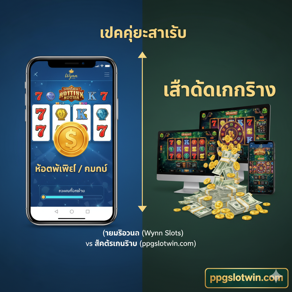 ภาพเปรียบเทียบระหว่างเกมโซเชียลสล็อต (Wynn Slots App) กับสล็อตเงินจริง (ppgslotwin.com) โดยแบ่งภาพออกเป็นสองส่วน ด้านซ้ายแสดงภาพกราฟิกแบบแอปเกมที่มีเหรียญรางวัลเป็น 'ห้องพักฟรี/Comps' ในโทนสีฟ้าเย็นตาและมีโลโก้โรงแรม Wynn เล็กน้อย ด้านขวาแสดงภาพสล็อตออนไลน์ที่ดูน่าเชื่อถือและทันสมัย มีกองเงินสดหรือเหรียญทองจำนวนมากไหลออกมาจากหน้าจอมือถือ/คอมพิวเตอร์ และมีข้อความ 'เล่นได้เงินจริง' พร้อมโลโก้ ppgslotwin.com เน้นโทนสีทอง/เขียวเข้ม สื่อสารความแตกต่างของ 'รางวัลที่ได้รับ' อย่างชัดเจน