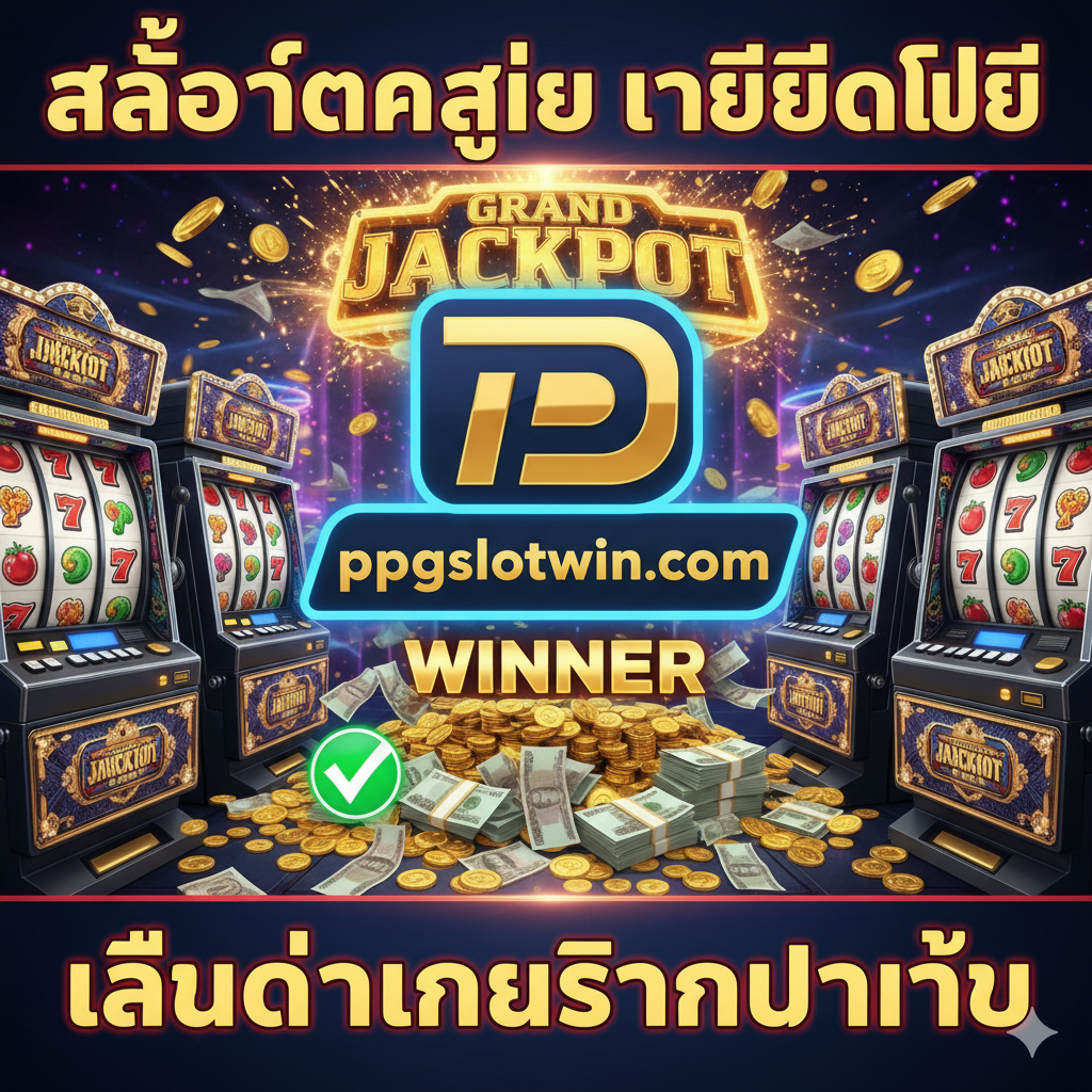ภาพสรุปที่เป็นการ Call-to-Action ที่ทรงพลัง แสดงโลโก้ ppgslotwin.com เด่นชัดอยู่ตรงกลาง โดยมีองค์ประกอบของสล็อตแมชชีนลาสเวกัสพรีเมียมล้อมรอบ มีแสงไฟนีออนระยิบระยับผสมผสานกับความหรูหราของสีทอง มีสัญลักษณ์ '✅' หรือ 'WINNER' พร้อมกับกองเงินสดและสัญลักษณ์แจ็คพอตขนาดใหญ่ (Grand Jackpot) ที่แตกออกมาจากด้านหลัง เน้นการสร้างความรู้สึกเร่งด่วนและน่าตื่นเต้น โดยมีข้อความภาษาไทยขนาดใหญ่ที่สื่อความหมายถึง 'สล็อตแตกง่าย เครดิตฟรี' และ 'เล่นได้เงินจริงทันที' เพื่อกระตุ้นให้คลิกเข้าสู่เว็บไซต์